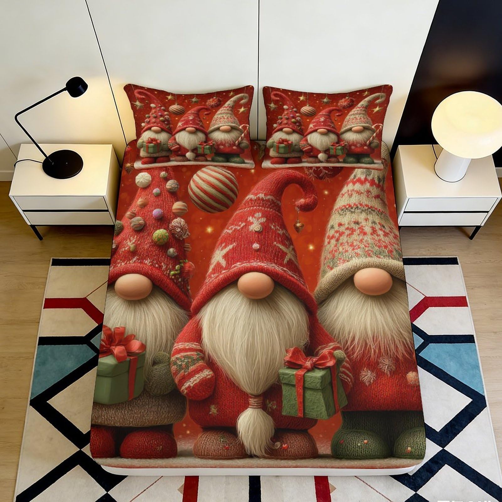 3D Printed Christmas Gnome Fitted Sheet Microfiber Red Festive Nordic Bed Cover for Bedroom Guest Room Decor 90x200x25cm
