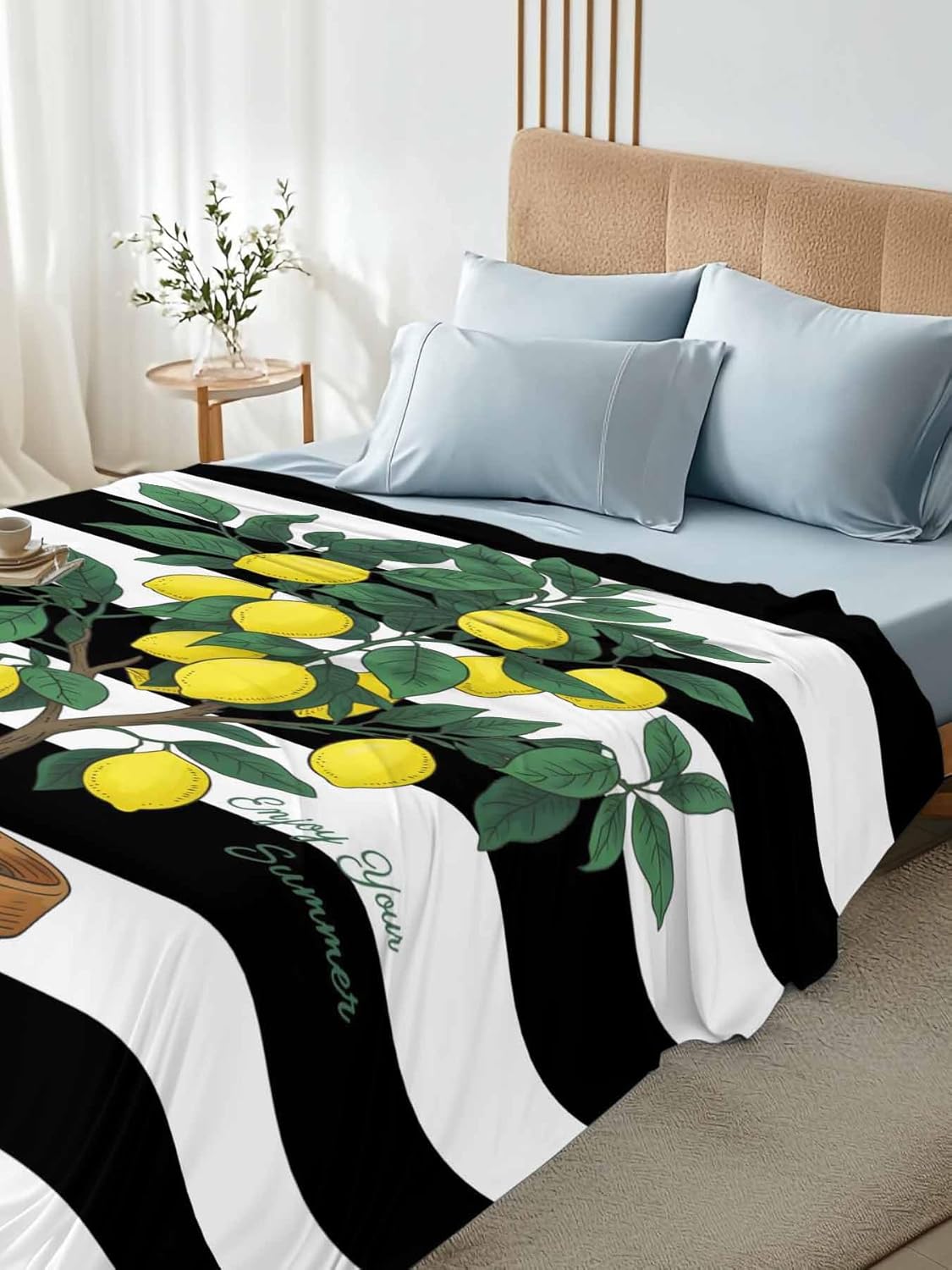 Top Sheet Full Bedding Flat Sheet Only, Spring Summer Lemons Leaves Basin Microfiber Bed Sheets Soft Breathable Bedding Flat Sheets, Black White Stripes Hotel Luxury Top Sheets