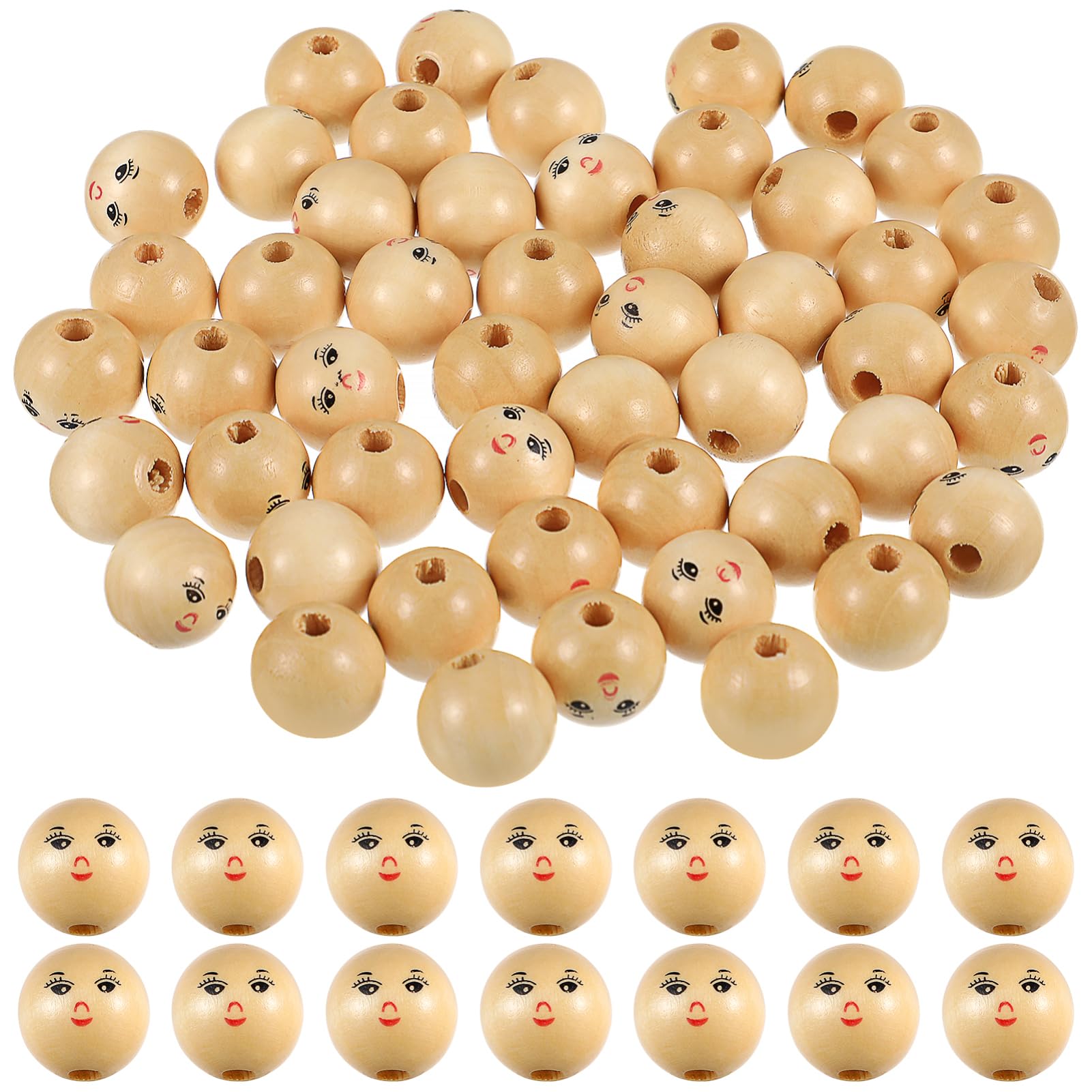 Cuentas 50 Redondas con Cara Sonriente de Madera Natural y Color Caqui con Agujero para Manualidades Ideales para Hacer Bisutería y Bricolaje