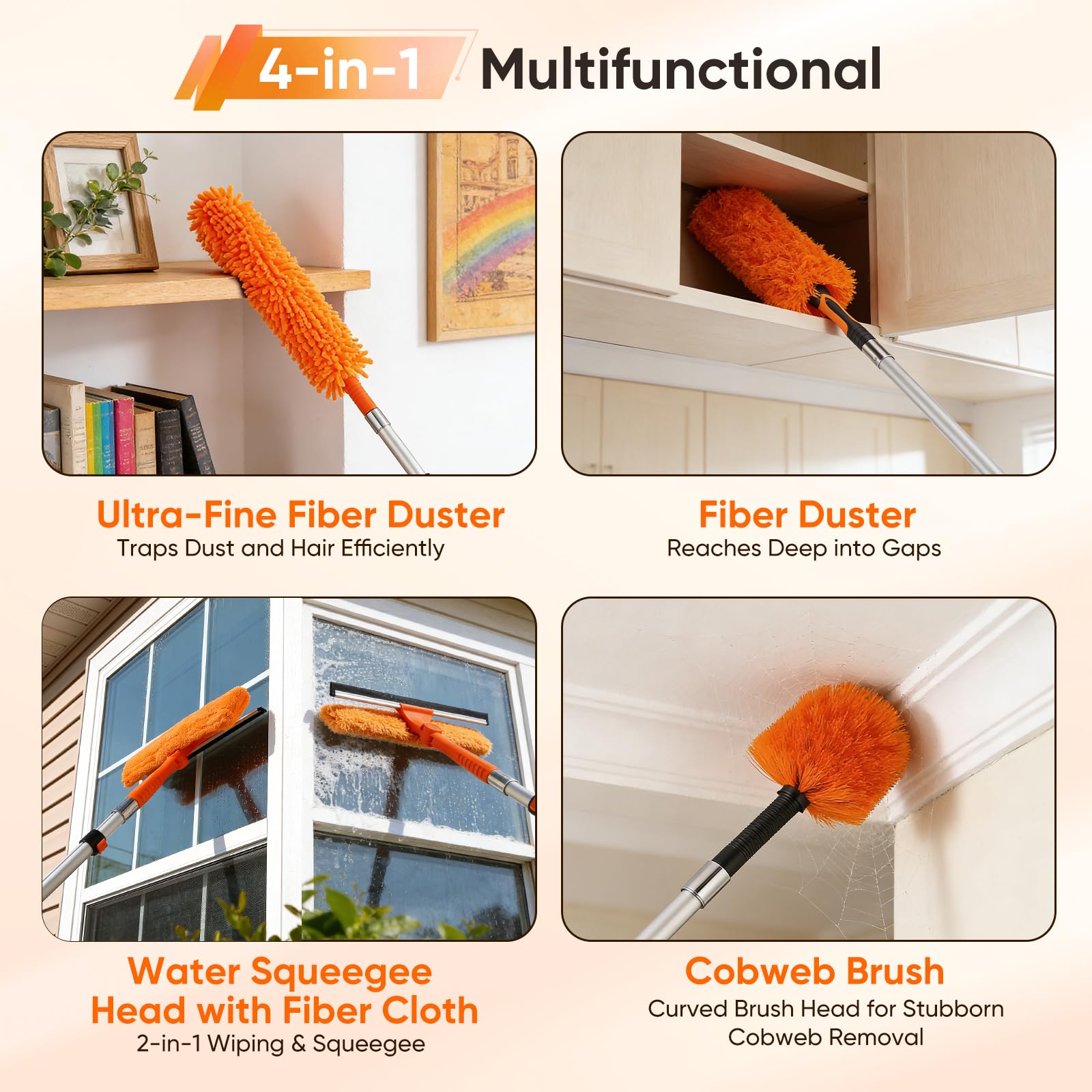 6M - Plumero telescópico 4 en 1 multifunción, lavable, varilla de limpieza extensible con cepillo de microfibra y limpiacristales, adecuado para techos altos, interior y exterior (6 m)