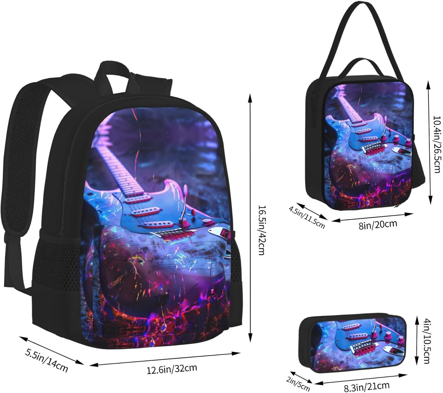 Nice Guitar Backpack With Lunch Box 3 In 1 Set With Pencil Case, Large Capacity Backpack With Chest Strap