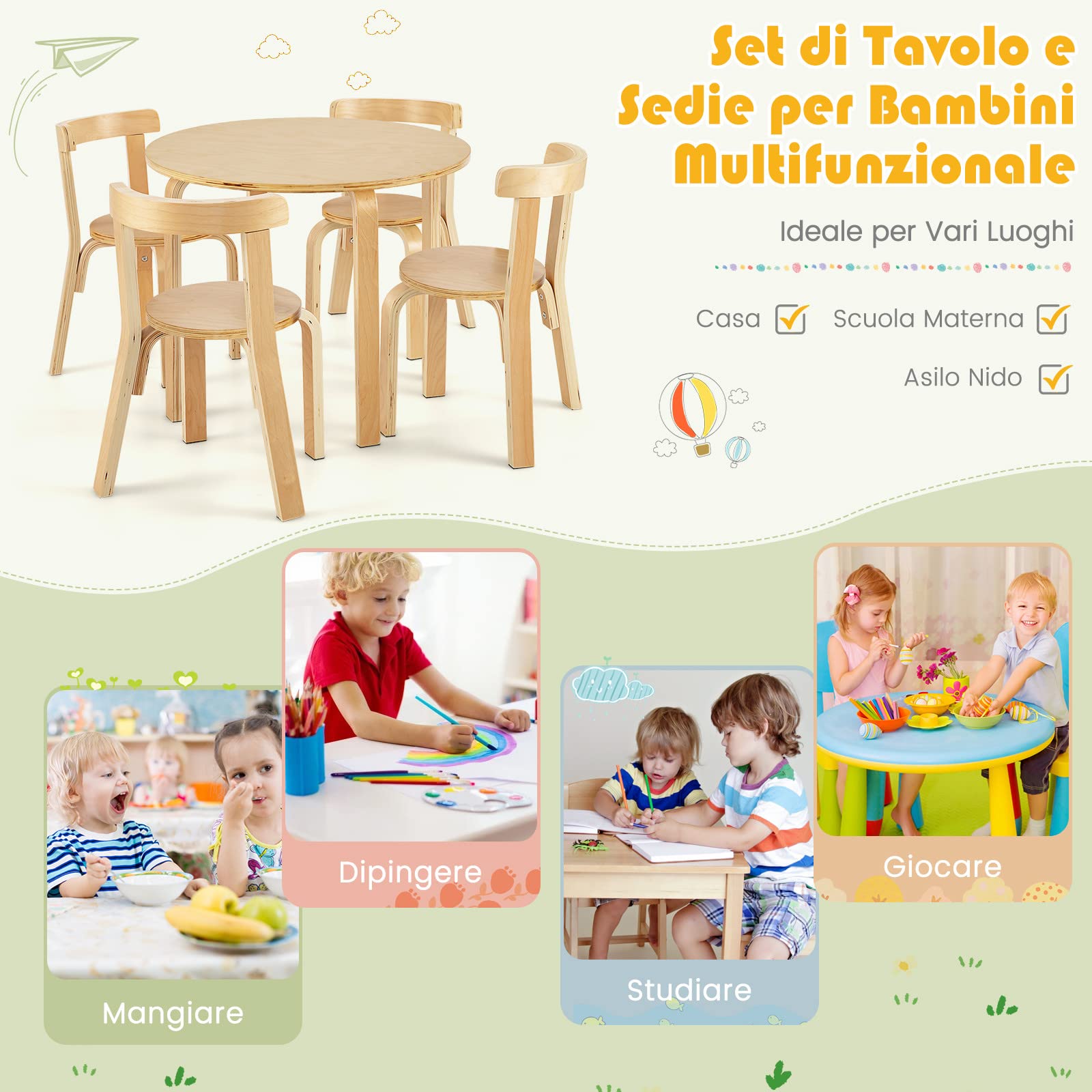 COSTWAY Set Tavolo e Sedie per Bambini, con Schienale Curvo in Legno, Tavolo Attività per Bambini con 4 Sedie, Capacità di Peso 25kg, 4+ Anni (naturale)