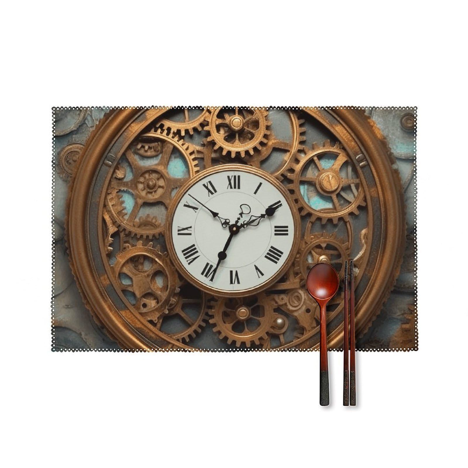 Rusty Steampunk Clock Placemats Set of 6, 12x18 Inch Heat Resistant Washable Canvas Table Mats, Stain Resistant Decorative Dining Placemats for Kitchen, Restaurant, Outdoor Party