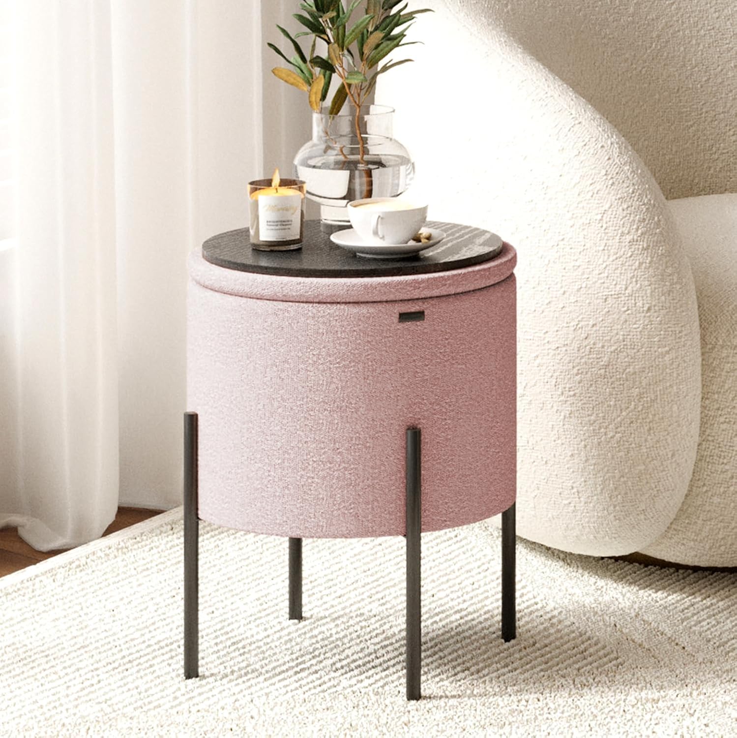 STORAGEBUD Round Ottoman with Storage - Boucle Storage Foot Stool for Makeup Vanity, Small Ottoman for Living Room and Bedroom - Pink