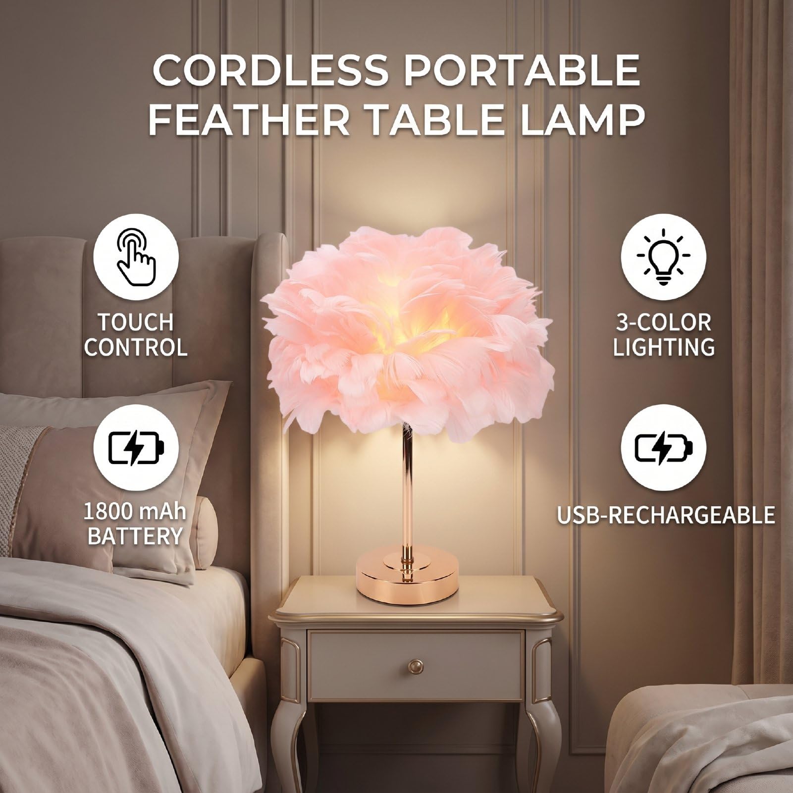 YUYTE Lampada da Tavolo Senza Fili Lampada da Scrivania da Comodino Ricaricabile Tramite USB Controllo Touch a 3 Colori Che Cambia con Batteria da 1800 MAh per Arredamento da Ufficio (PINK)