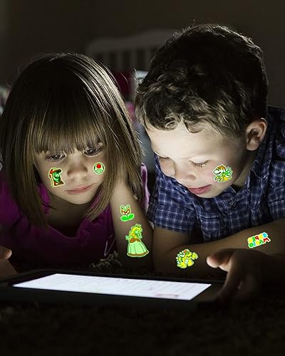 Miniatura 5 de Suministros para fiestas de cumpleaños de Mario  96 tatuajes temporales para niños  12 hojas impermeables y luminosas calcomanías de tatuaje