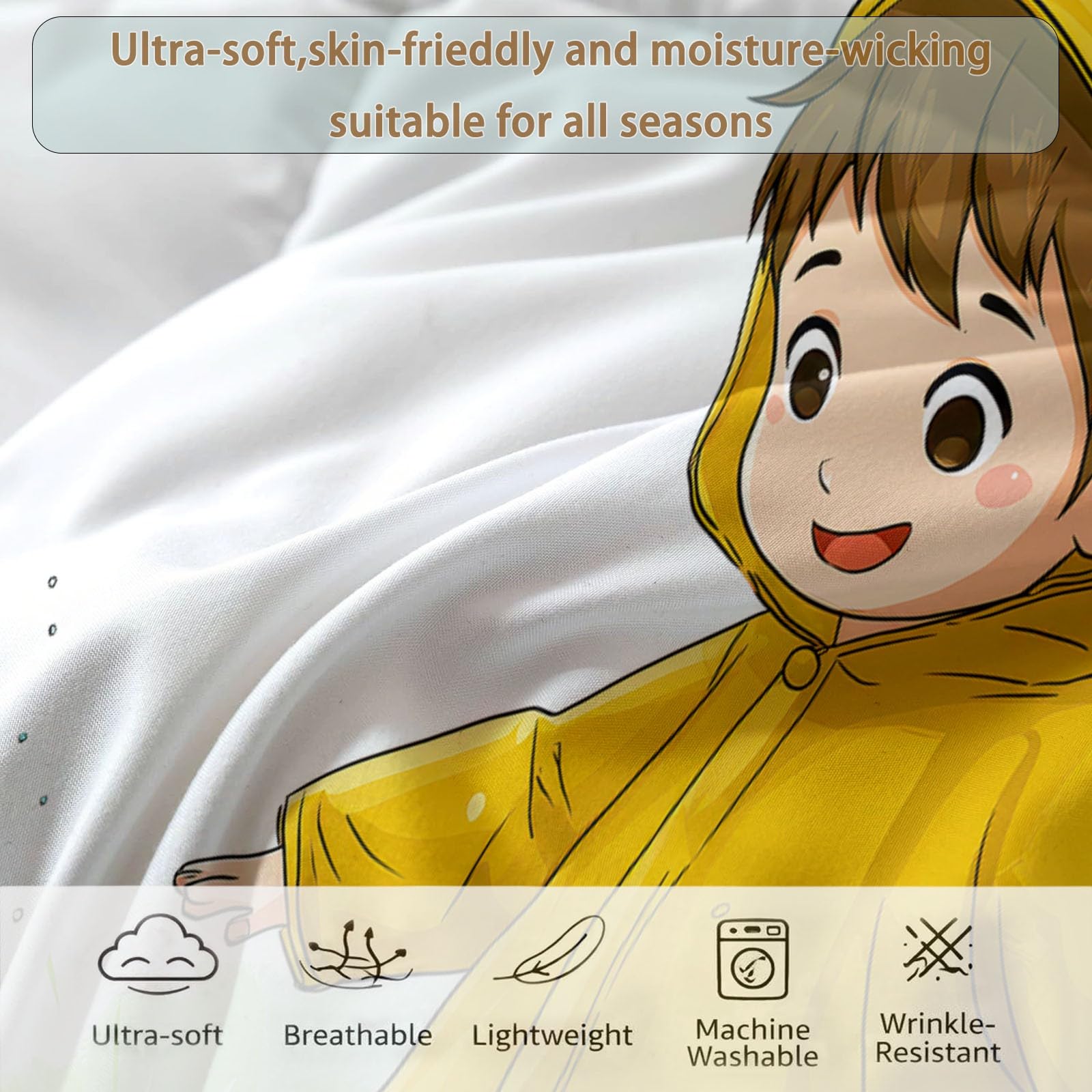 Generico Piumone Invernale Matrimoniale 200 x 200 cm Anime Bambino Pioggia Trapunta in Ecopiuma 400 gr/mq, Caldo ed Elegante – Biancheria da Letto Anallergica e Traspirante – Set 3 Pezzi, Giallo