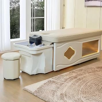 Head SPA Bed - Shampoo Bed with Professional Shampoo Function for Treatments, Cream & White Color with Elegant Design and Lighting, Head SPA Equipment Includes Water Cycle,FumigationBeige