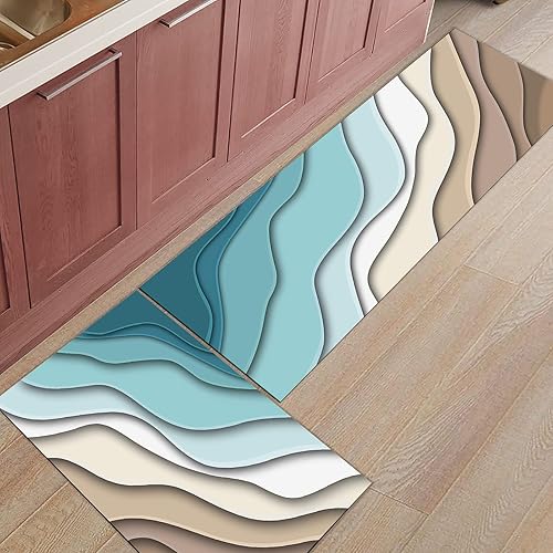 Miniatura 7 de Juego de 2 alfombras de cocina con diseño de rayas degradadas, color marrón turquesa, antideslizantes, lavables, antifatiga, alfombra abstracta a