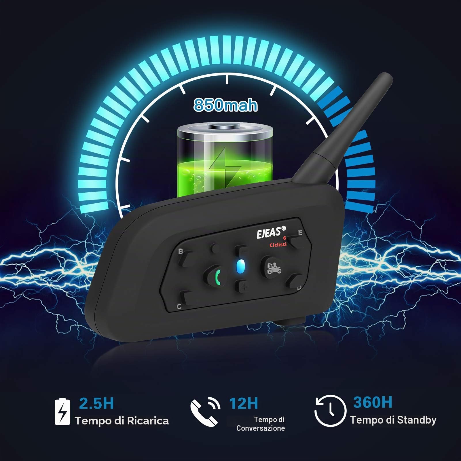 EJEAS V6 Pro Interfono Moto Bluetooth 1200M 2 Persone Wireless Full Duplex Connetti Fino a 6 Motociclisti (2 Confezione)