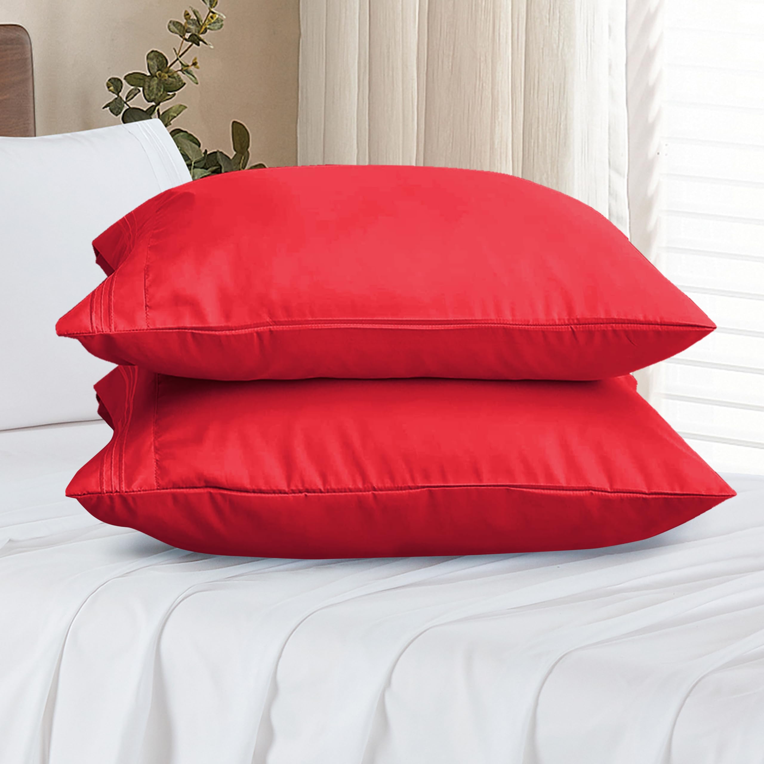 Elegant Comfort Taies d'oreiller en Microfibre infroissables et résistantes à la décoloration, Rouge, très Grand lit