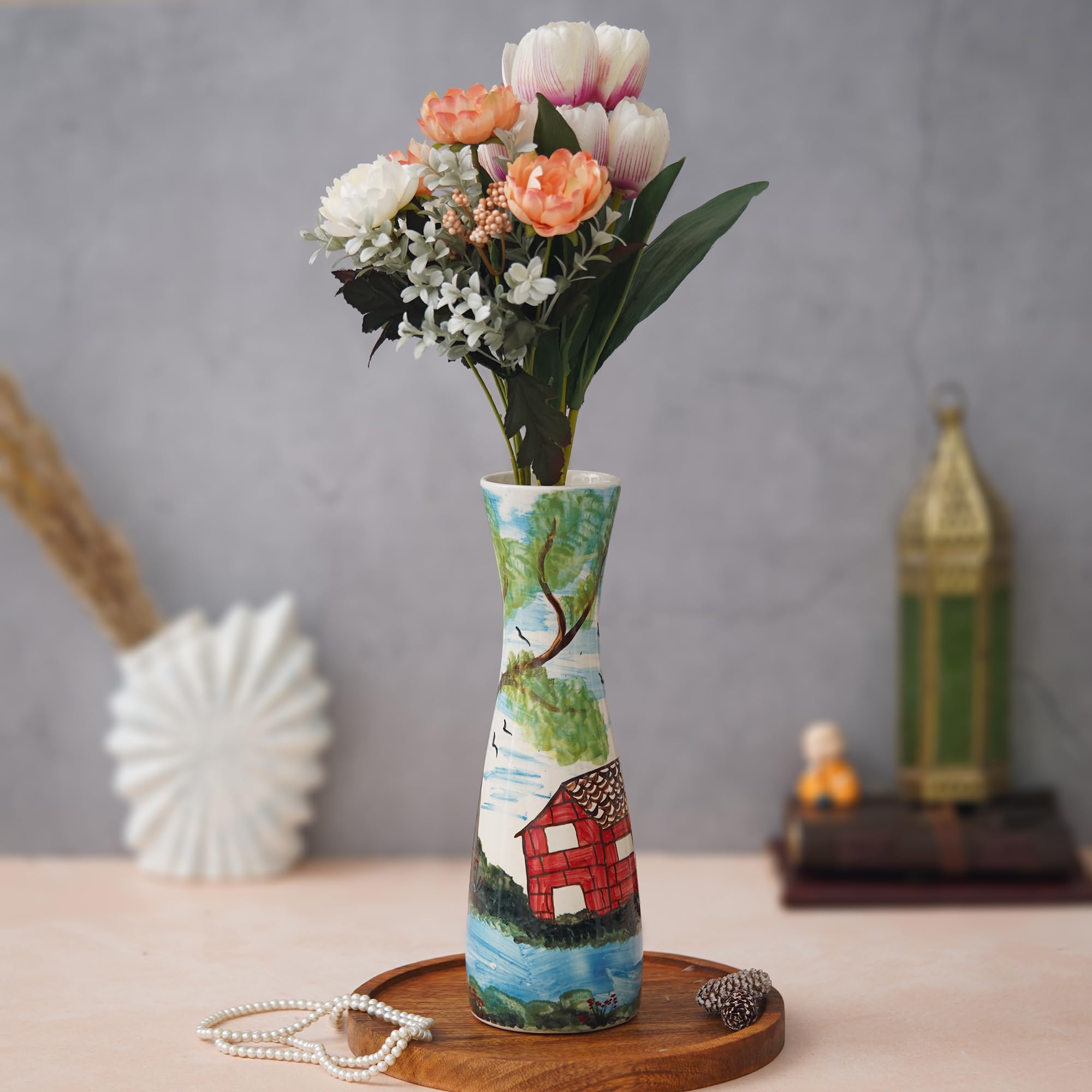 Ceramic Vase | Tall Slim Curved Flower Holder with Hand-Painted Village Scenery | Decorative Pot for Tabletop, Centerpiece, Home, Office & Gifting | Bloom Vase for Artificial Flowers-image-16