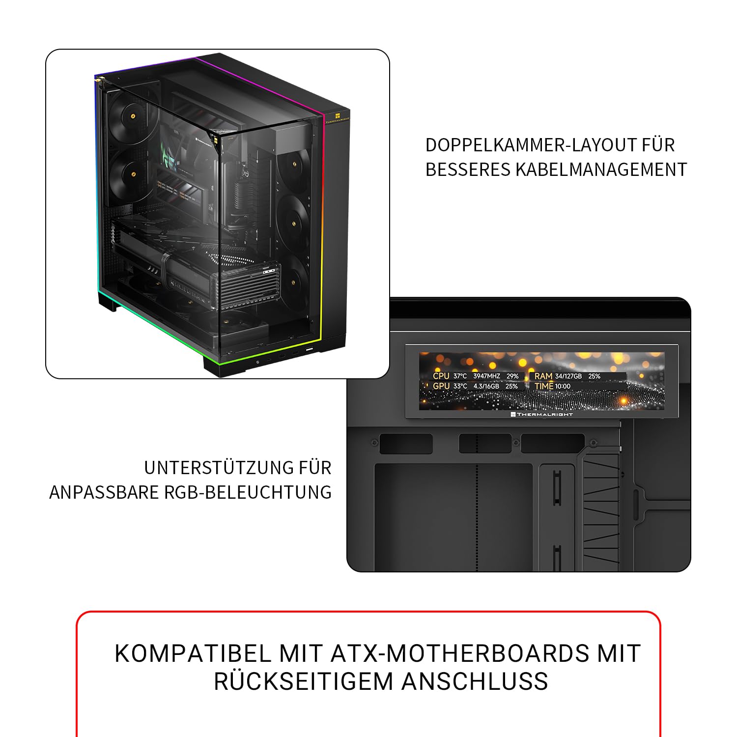 TR-Thermalright A70 Vision z 9,16-calowym wyświetlaczem LCD, rozszerzalna obudowa PC, złącze USB-C, zoptymalizowana pod kątem chłodzenia, wytrzymała ramka do gier, uniwersalne zastosowanie z liniową