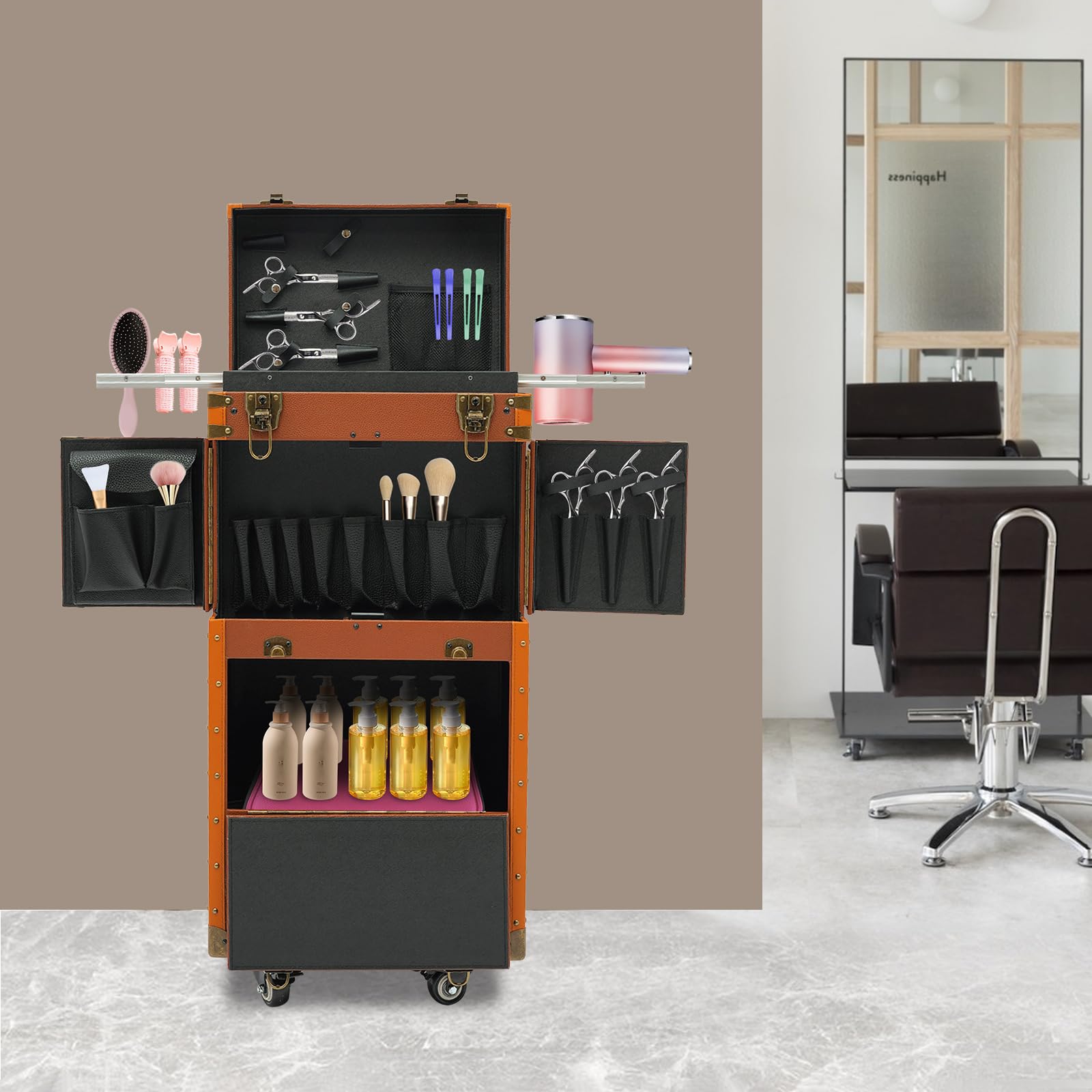 Valise à roulettes pour outils de coiffure - Mallette de maquillage - Mallette de maquillage - Pour manucure, coiffeur, cosmétique, Couleur du café., Valise cosmétique à roulettes