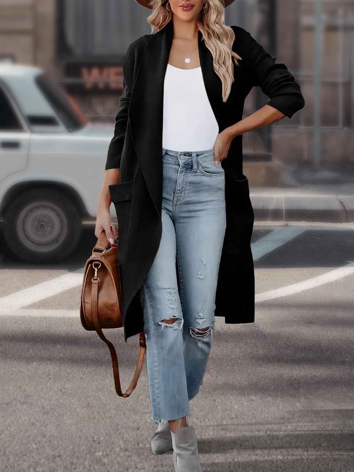 Women's Open Front Knited Loose Cardigan Casual Long Sleeve Draped Knit Pockets Long Jackets Sweater - Image 6