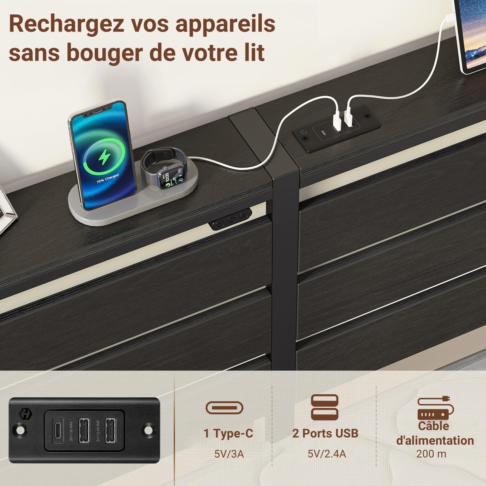 Rolanstar Lit 140x200 avec Sommier Métal, Cadre de Lit 2 Personnes avec Éclairage LED d’Ambiance, Ports USB & Type-C, Tête de Lit avec Rangement, Noir