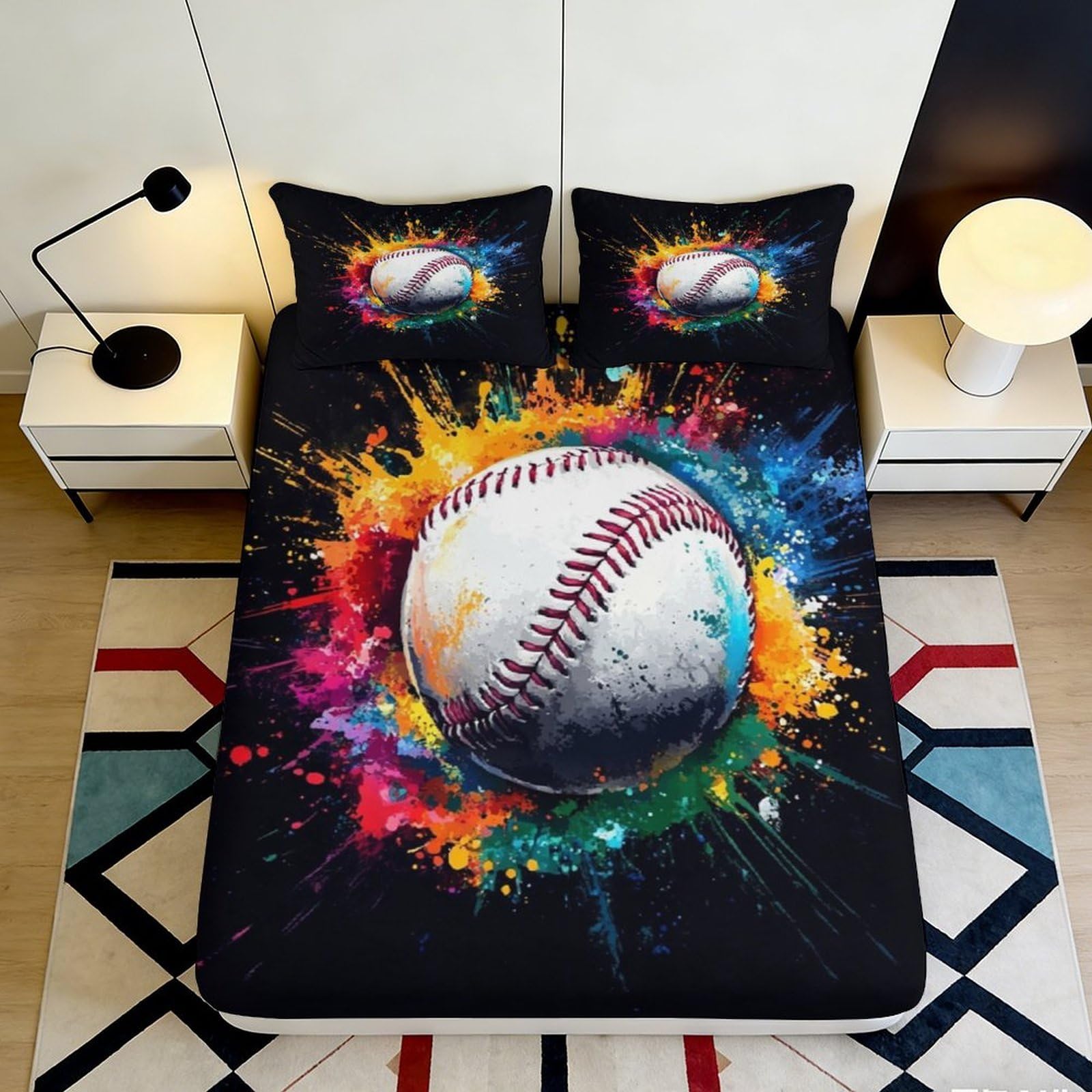 3D Printed Baseball Fitted Sheet Microfiber Non-Slip Deep Pocket Baseball Mattress Fitted Cover Elastic Washable for Bedroom 200x200x25cm 90x200x25cm