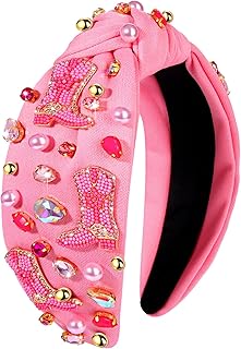Diadema anudada de color rosa intenso, accesorios para mujer, diadema de vaquera con cuentas y diamantes de imitación y perlas de cristal en la parte superior, Rodeo Nashville despedida de soltera,
