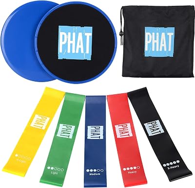PHAT Gliding Discs Core Sliders and Resistance Bands Set, Exercise Resistance Loop Core Workouts Bands Strengthen Abdomen Core Fitness, Legs Strength Training, Burn Fat, for Gym, Home, Yoga, Pilates