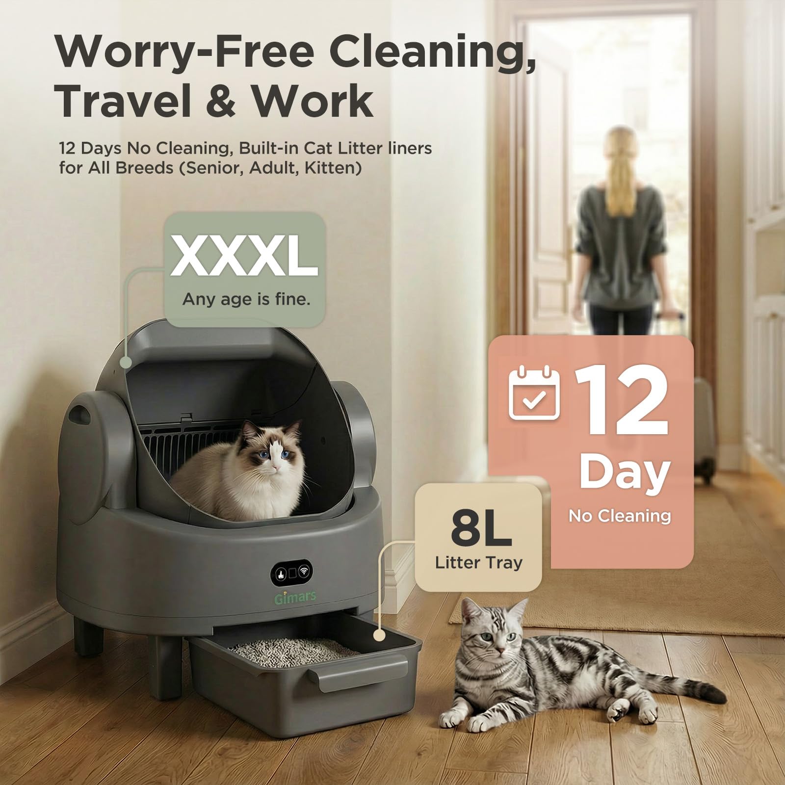 Gimars Open Top Design Self Cleaning Litter Box, Automatic Cat Litter Box for Multiple Cats & Senior Cats, App Control with Safety Sensors, Low Odor, Includes Trash Bags & Litter Mat - image 2