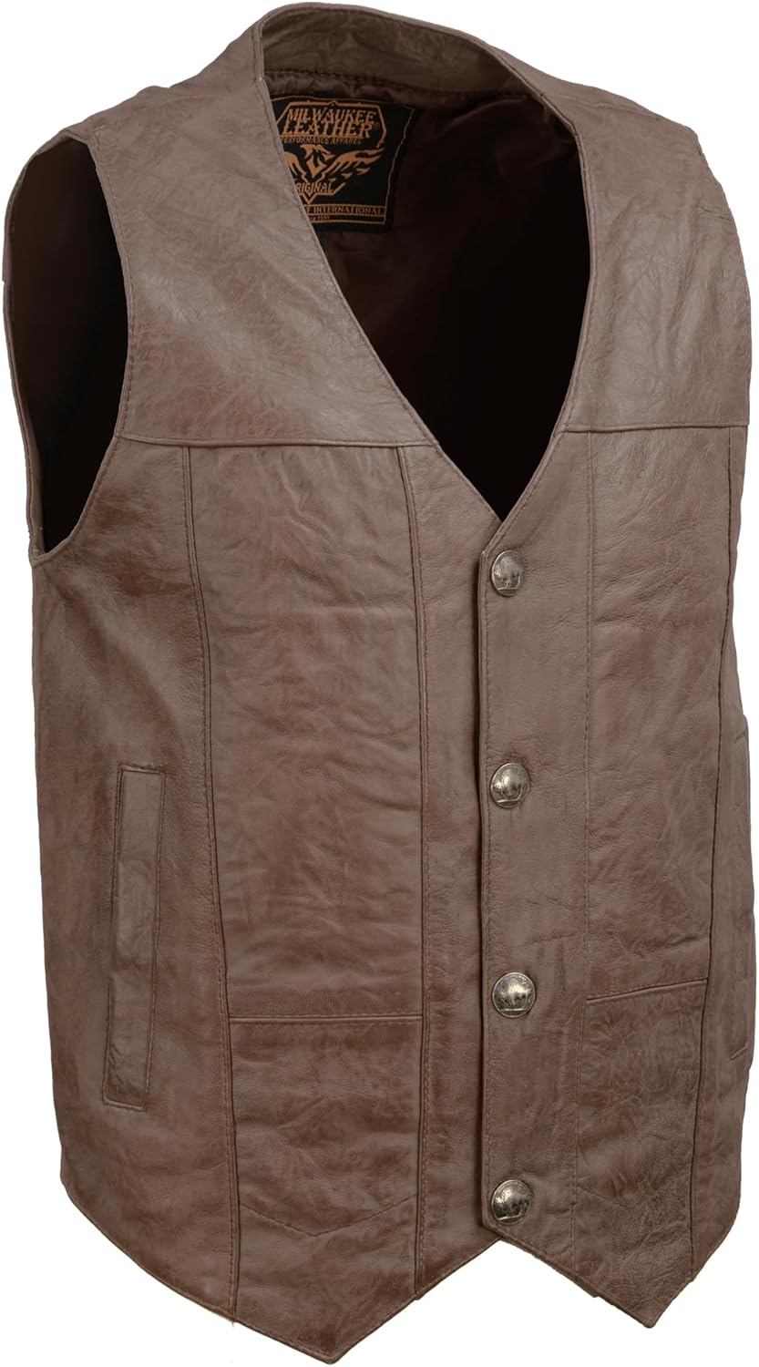 Men's Western Style Leather Vest w/Buffalo Snaps & Interior Gun Pockets (Brown & Saddle Colors)