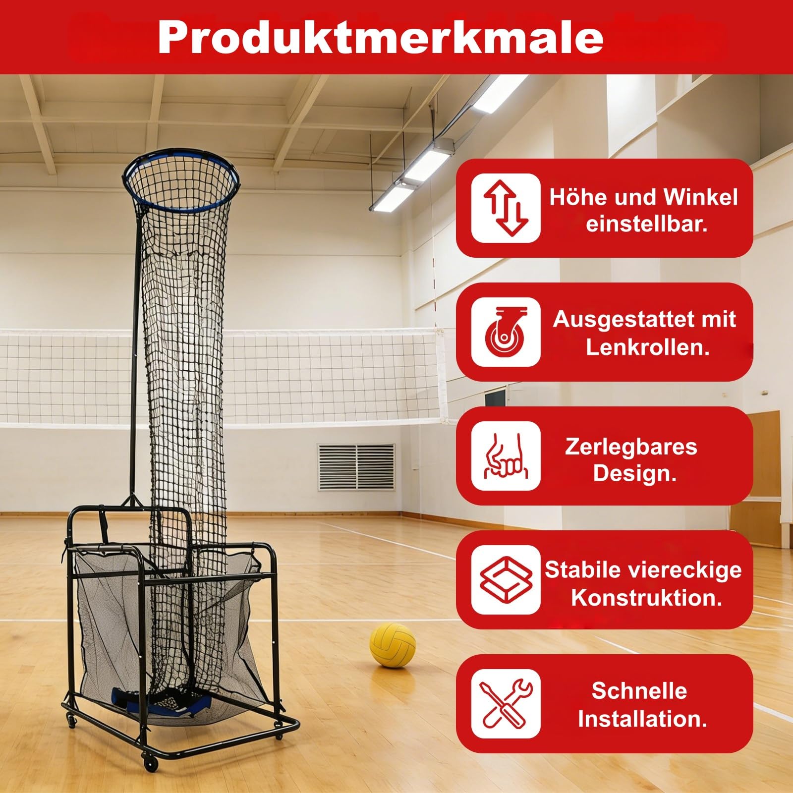 Volleyball-Setztrainer mit Rädern, Volleyball-Trainernetz Einstellbare mit 0°-90° Winkel und 1.7-3.3 m Höhe, Rebounder übungsnetz Abnehmbare mit Auffangtasche zum Schlagen, Spiken