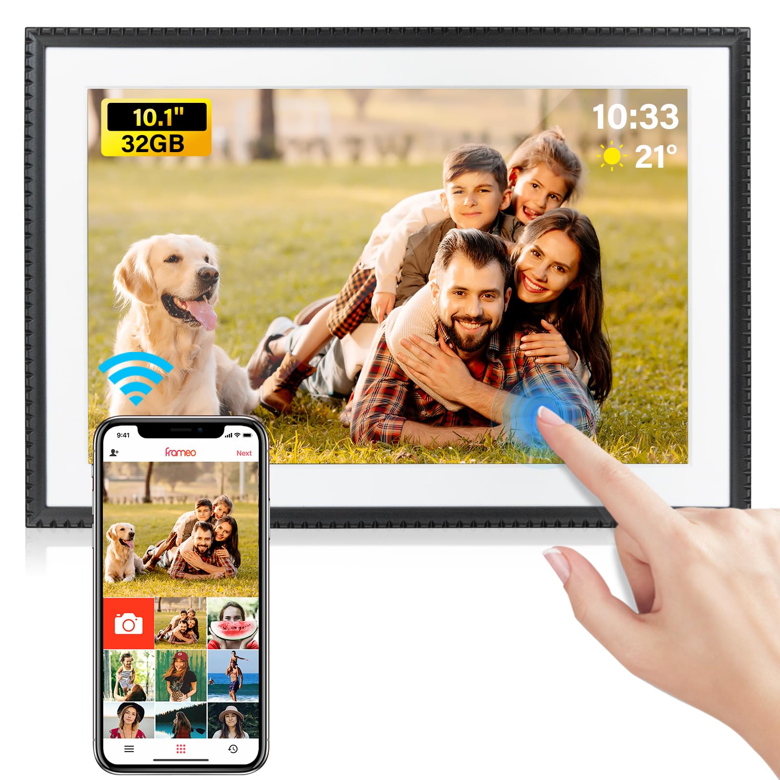 OuuOee WiFi Digital Picture Frame 10.1 Inch, 32GB Storage Smart Digital Photo Frame IPS HD Touch Screen with Auto-Rotate, Share Photos or Videos Via