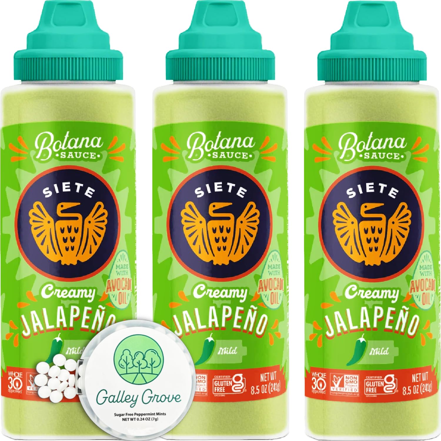 Siete Creamy Jalapeño Botana Sauce 3-Pack (Mild Heat, Gluten-Free) with Galley Grove Sugar-Free Peppermint Mints