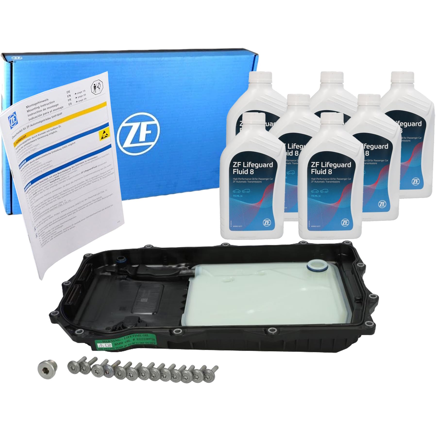 ZF 1109.298.016 Getriebeölwanne Automatikgetriebe + 7x S671.090.312 ATF LifeguardFluid 8 für BMW 3-5 X3-X7 Mild-Hybrid 8HP76X (Set, 8-teilig)