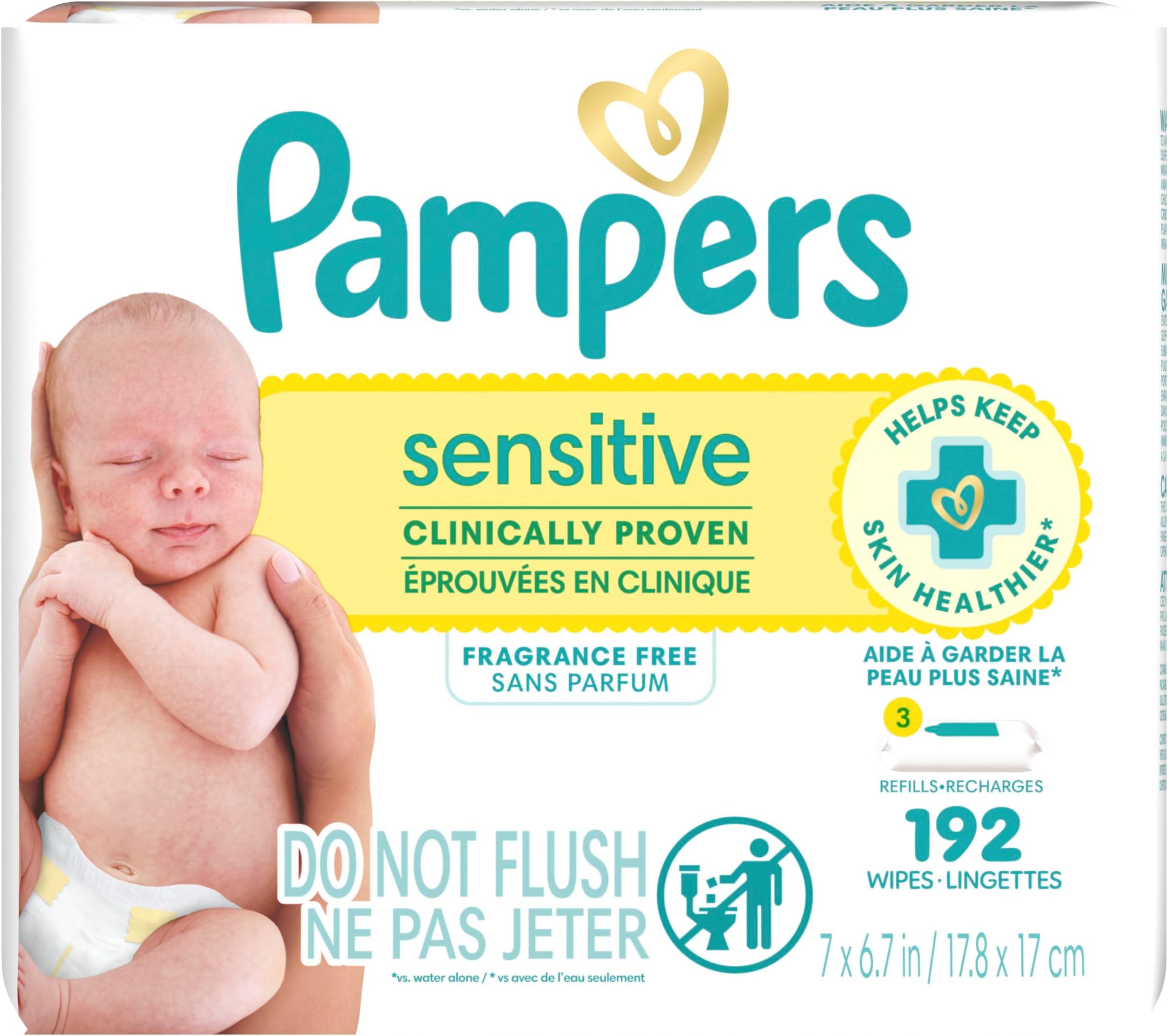 Sensitive Baby Wipes, Water Based Baby Wipes, Fragrance Free and Hypoallergenic, 192 Wipes Total (4X Refill Packs) [Packaging May Vary]