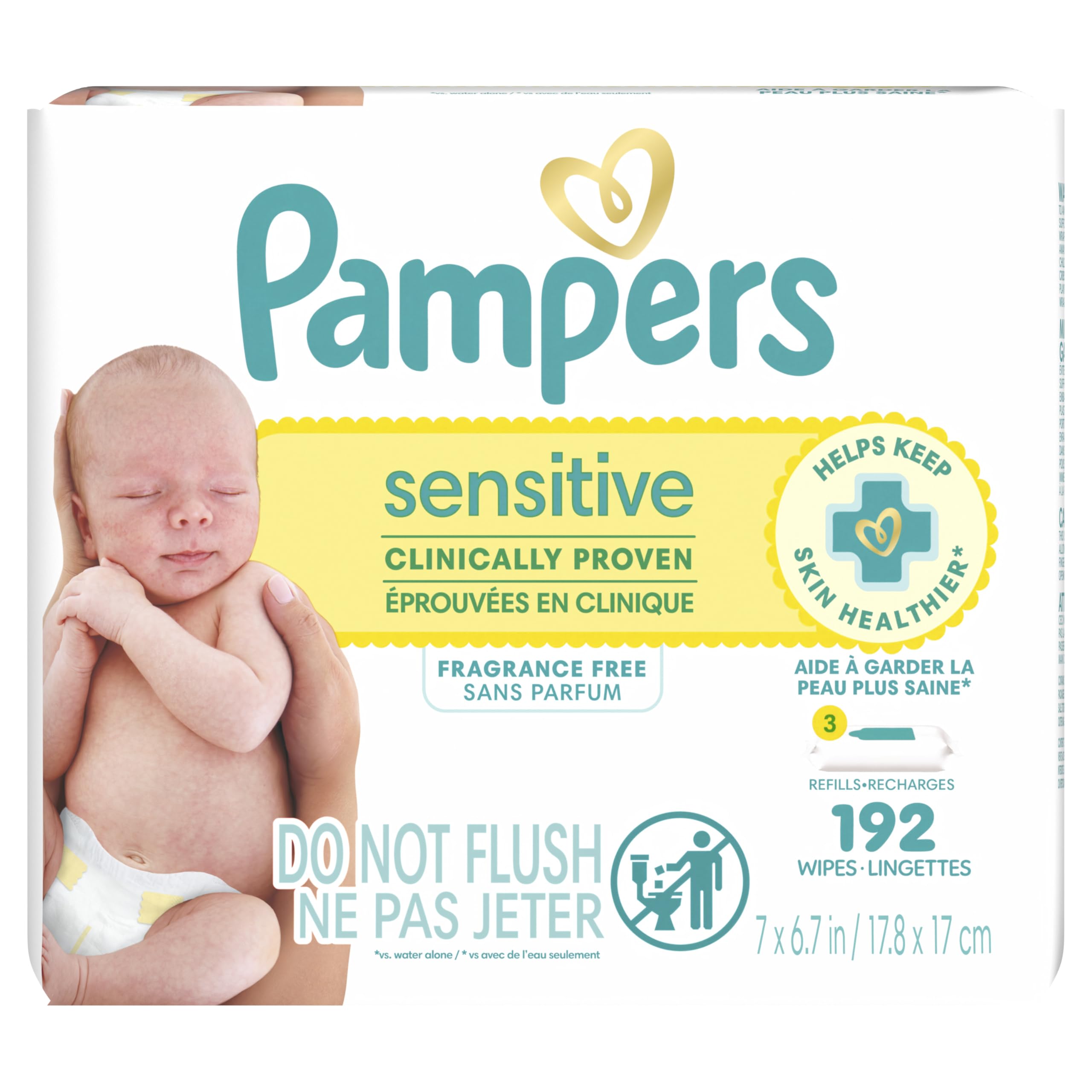Pampers Baby Wipes Sensitive, Water Based Wipes, Hypoallergenic and Unscented Wipes, 192 Wipes Total (3 Refill Packs)