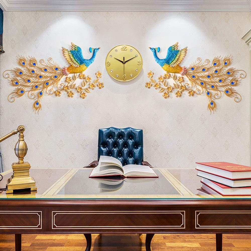 Creative Peacock Wall Clock, Metal Design Wall Art Quartz Clock, Living Room Bedroom Restaurant Mute Electronic Clocks