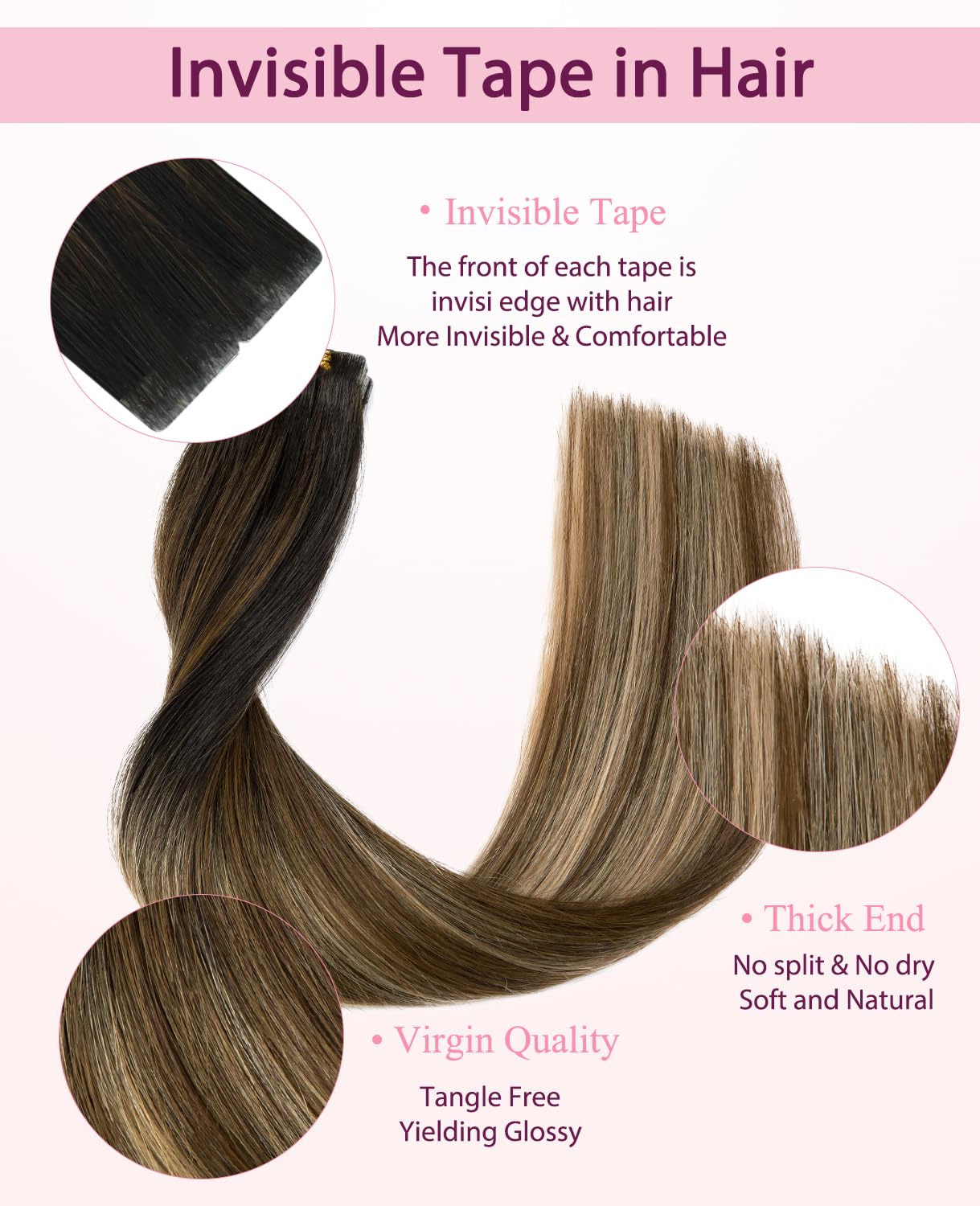 Pinkpearl Invisible Tape in Hair Extensions Human Hair, 20pcs 16inch 45g #1B/4/27 Balayage Natural Black to Chocolate Brown and Caramel Blonde Injection Tape in Extensions Remy Human Hair Injected