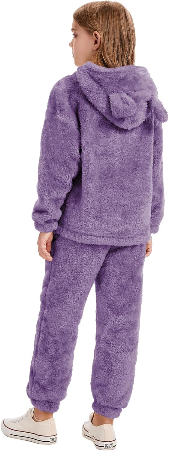 Flygo Girls Fuzzy Pants Set Crop Hoodie Bear Ear Two Piece Outfits Fluffy Sweatshirt and Fleece Pants Sweatsuit - Image 4