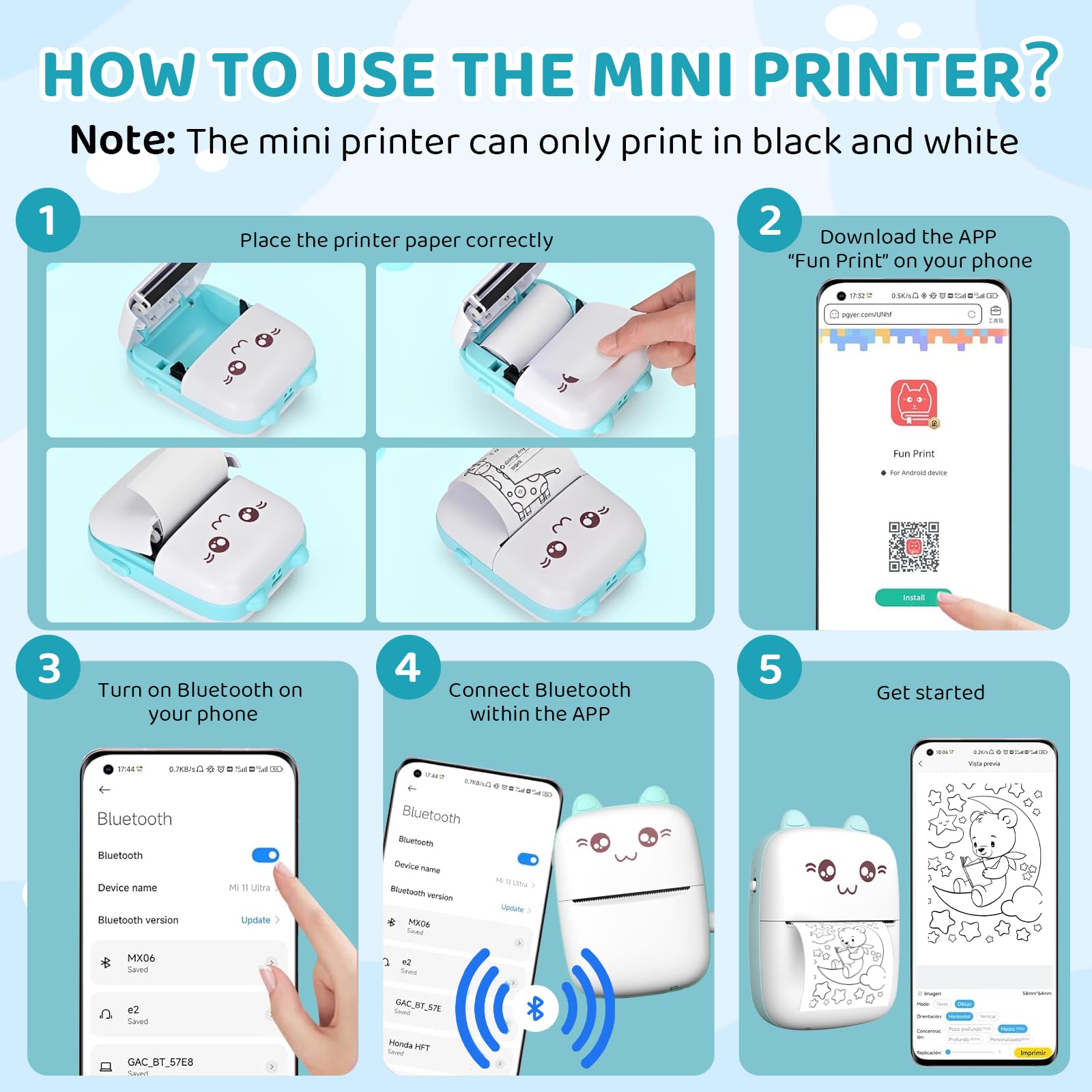 Printpod, mini stampante termica portatile, con 13 rotoli di carta da stampa, senza inchiostro, wireless, per telefoni iOS e Android, per appunti di studio, diari, fai da te, regalo