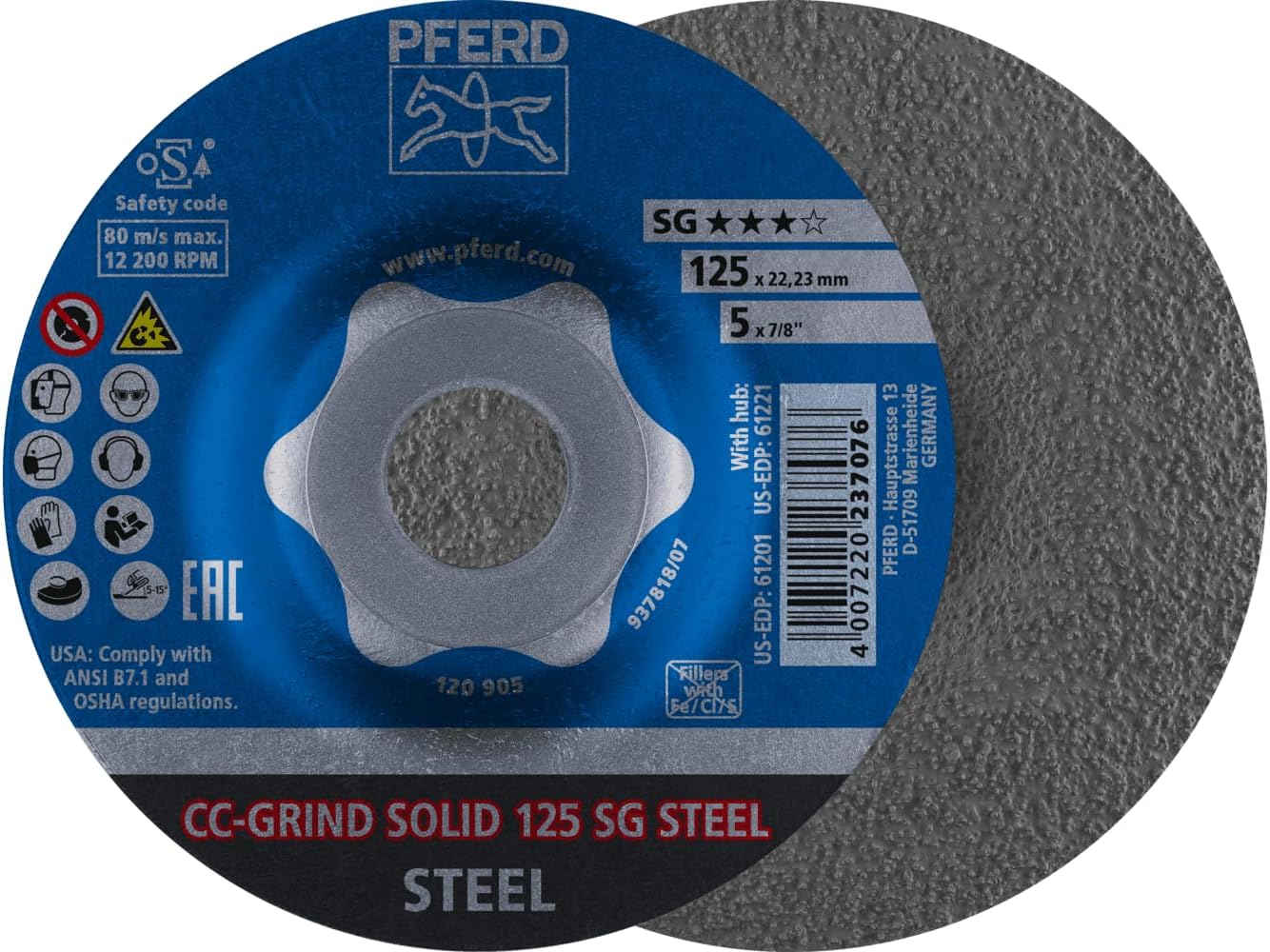 CC-Grind®-Solid Grinding Disc, 5" x 7/8" - SG Steel, Ceramic - High-Performance Grinding Disc for Precision Steel Work - Innovative Design Delivers Rapid Results - Part 61201