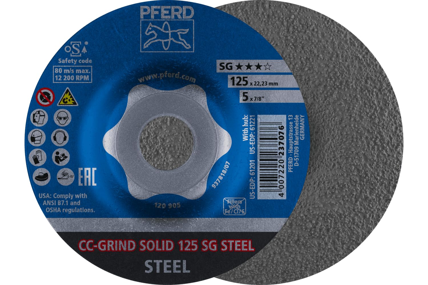 PFERD CC-Grind®-Solid Grinding Disc, 5" x 7/8" - SG Steel, Ceramic - High-Performance Grinding Disc for Precision Steel Work - Innovative Design Delivers Rapid Results - Part 61201