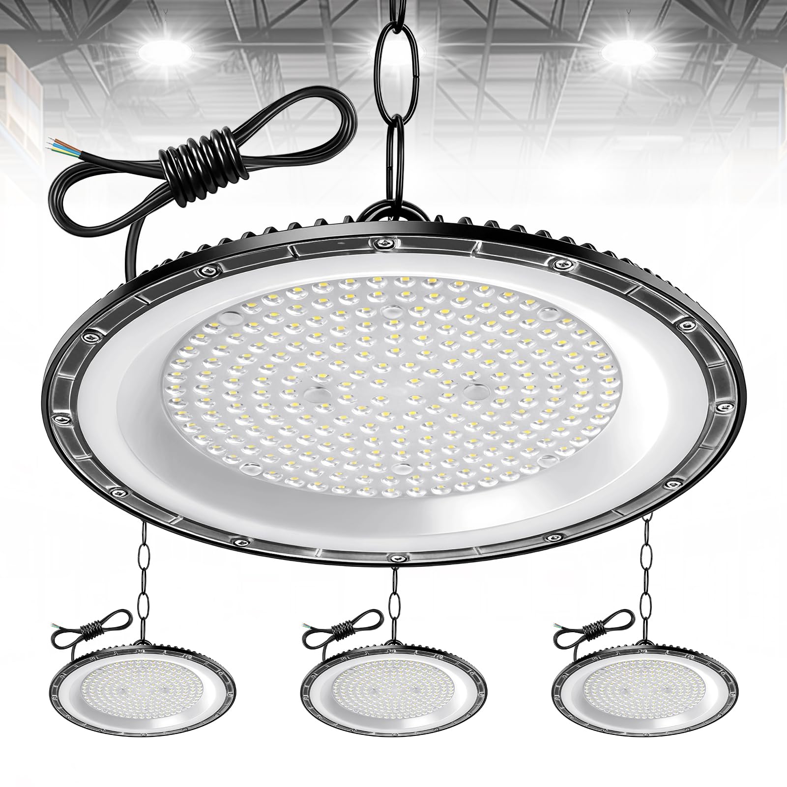 4Pack 300W UFO LED Lámpara de Alta Bahía, 30000LM Focos Interior Techo,6500K Ultrafina Iluminación de Almacén,IP66 Impermeable Naves Industriales Para Patio,Garaje,Fábrica,Taller
