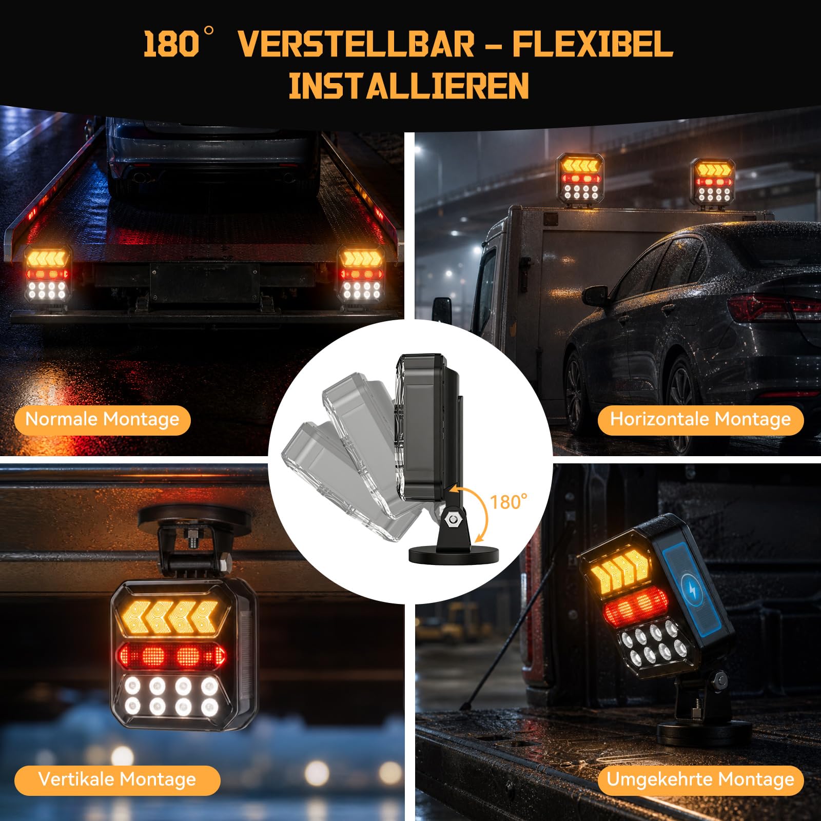 Kabellose Anhänger Rückleuchten, LED Magnetische Rückleuchten mit Brems-/Blink-/Rückfahrlicht Solar & Wiederaufladbares 3000mAh 180° Neigbar, IP67 Wasserdicht 7-Pin für PKW LKW Anhänger Wohnwagen