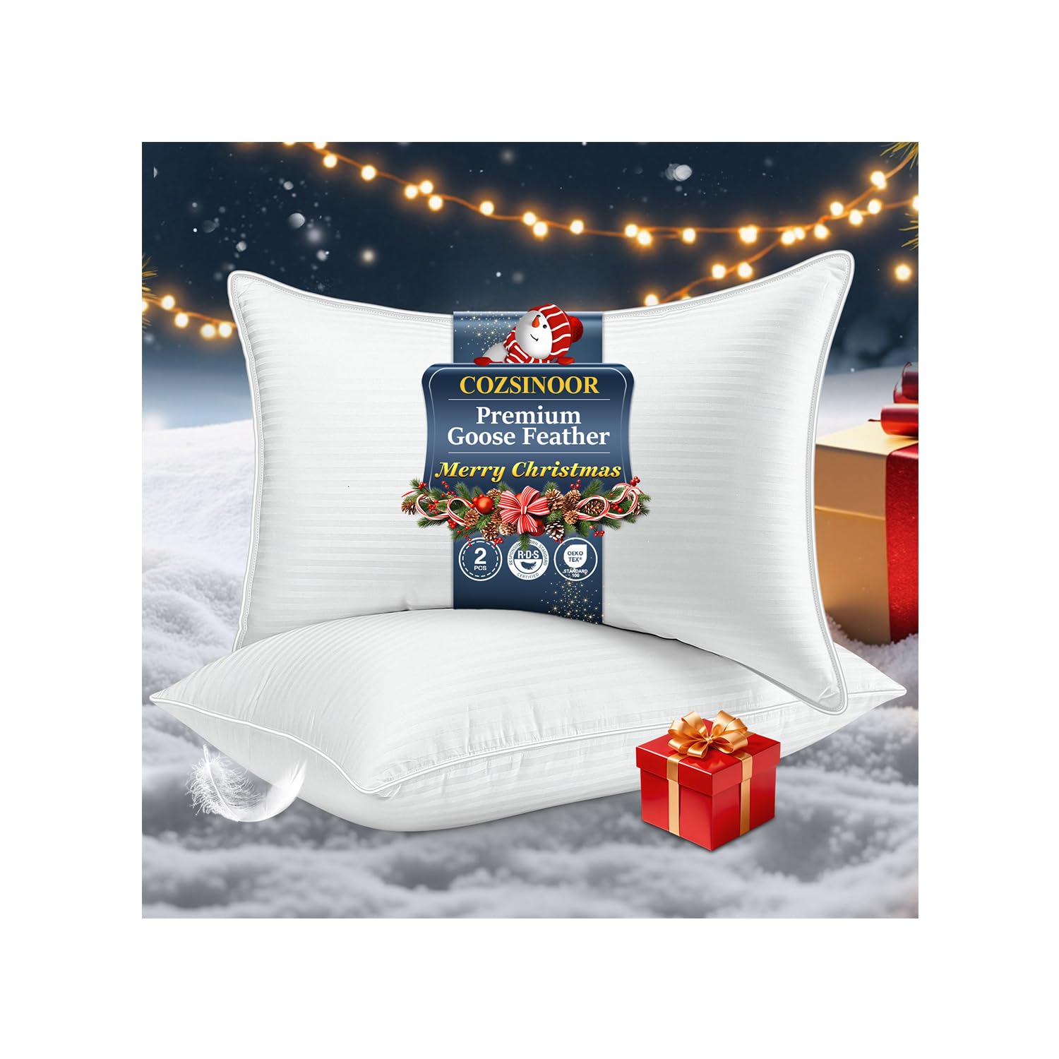 COZSINOOR Goose Down Feather Pillows Queen Size - Hotel Bed Pillow for Sleeping Set of 2 Soft 600