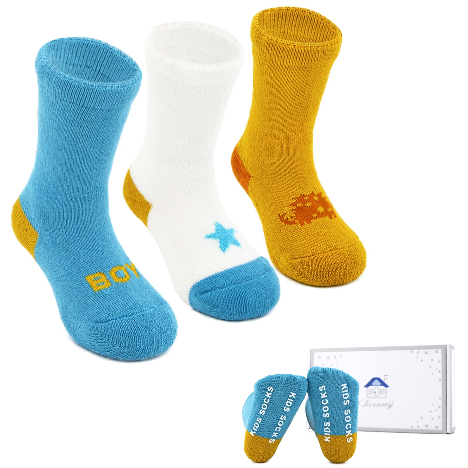 Fassory 3 Pairs Thick Warm Grip Socks Gift Set for 0-5 Years Infant Baby Toddler Kids Cute Anti-Slip Winter Cozy Cotton Socks for Children Boys (as8, age, 3_years, 5_years, Boy)