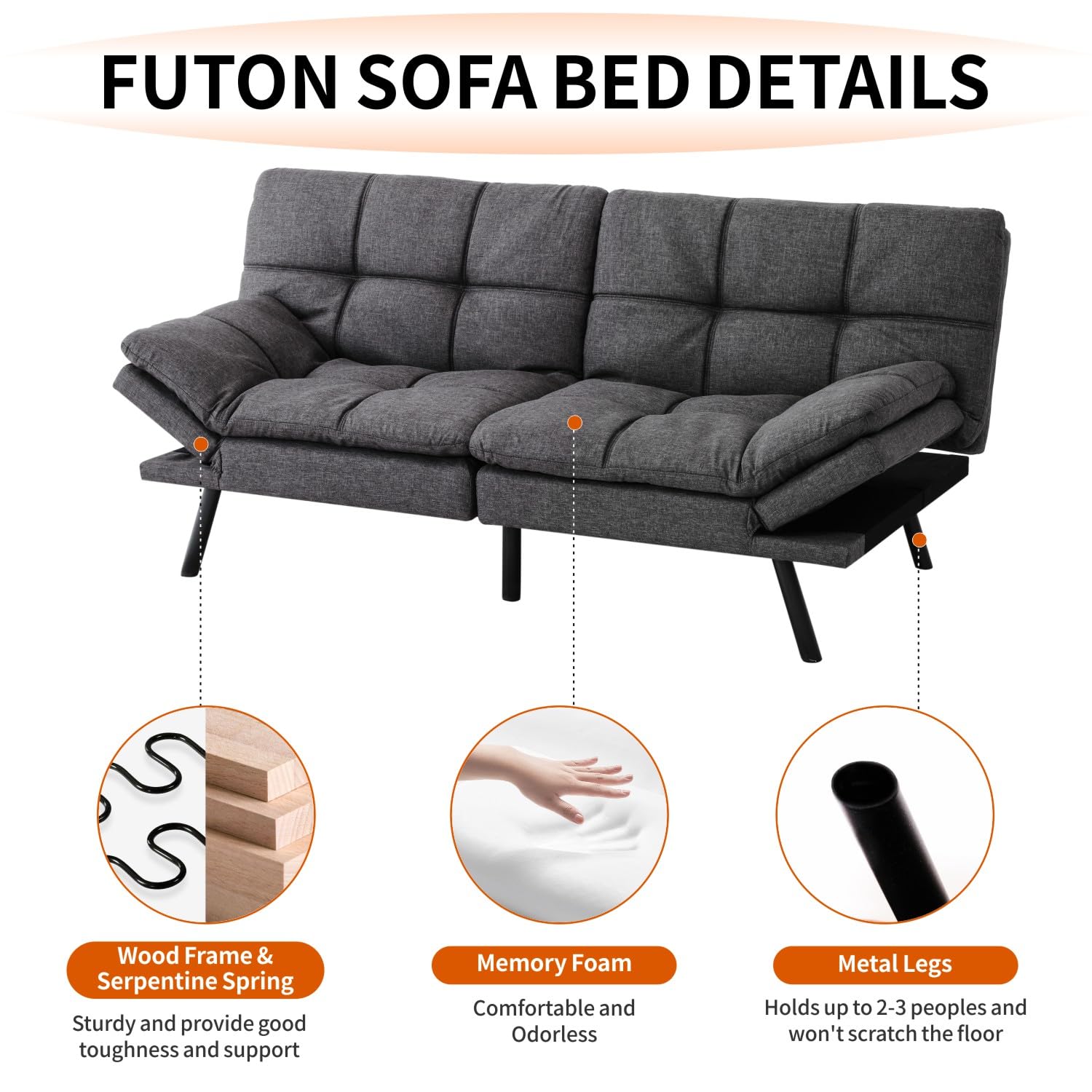MUUEGM Futon Sofa Bed 71" Gunmetal Convertible Memory Foam Futon Couch Bed Modern Loveseat Sleeper with Adjustable Backrests Armrests for Living Room,Small Space,Office