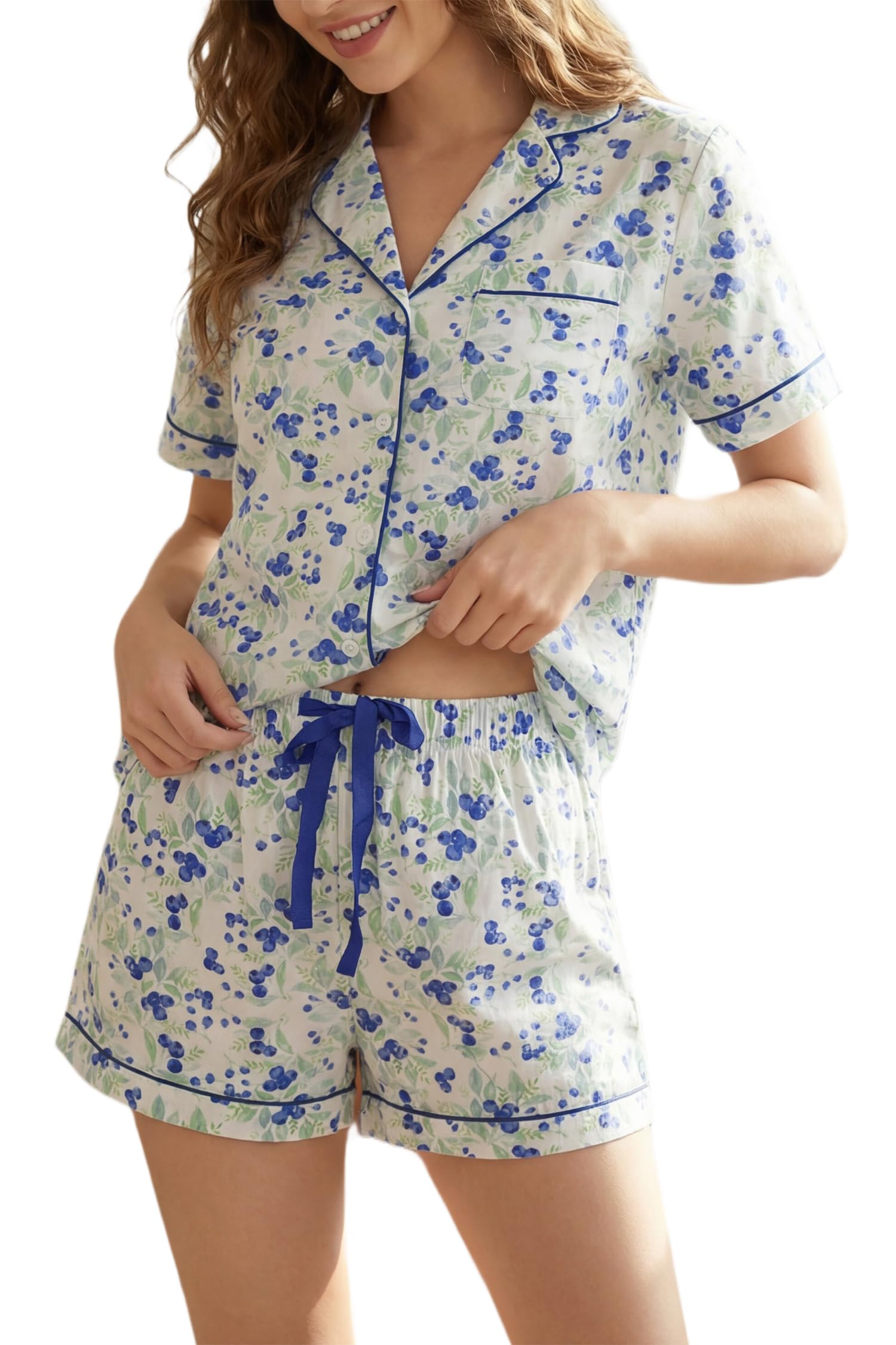 LUBOT 100% Cotton Pajamas for Women 2 Piece PJ Set Poplin Woven Lightweight Ladies Button Short Sleeve Sleepwear S-XXL