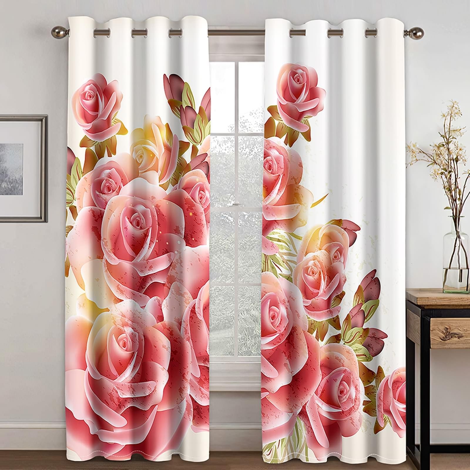 Vorhänge Blickdicht, Verdunklungsvorhänge Rosenblüten 2er Set H 160 x B 96 cm Wohnzimmer Gardinen Ösen