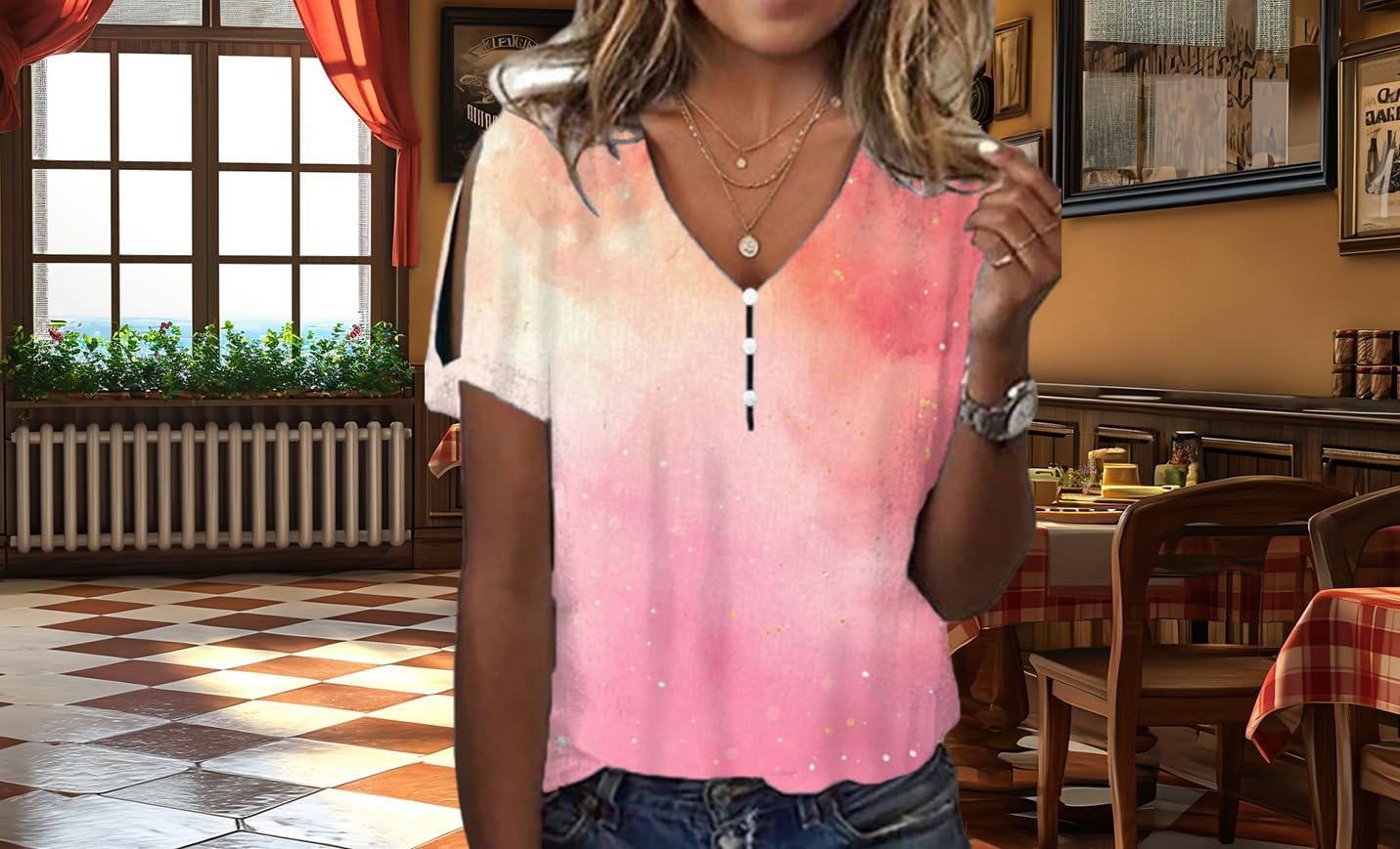 Cold Shoulder Tops for Women 2024 Marble Printing V Neck Fashion Novelty Fit Camping Tee Off The Shoulder Tops for Women - Image 5