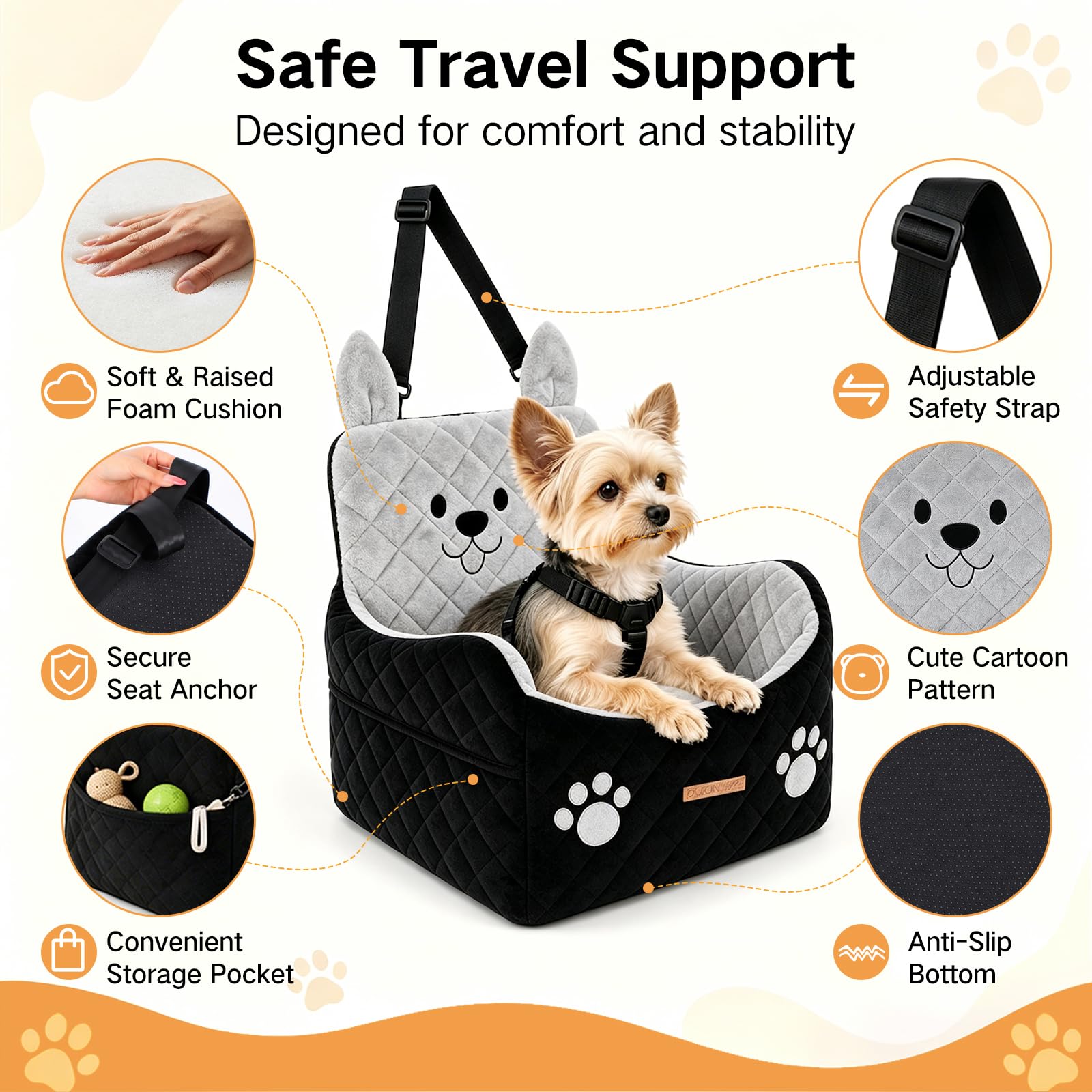 Seggiolino Auto per Cani Piccoli e Medi fino a 16 kg | Rialzato di 15 cm, con cuscino ad alta densità, fodera lavabile, cintura di sicurezza e uso come cuccia da viaggio