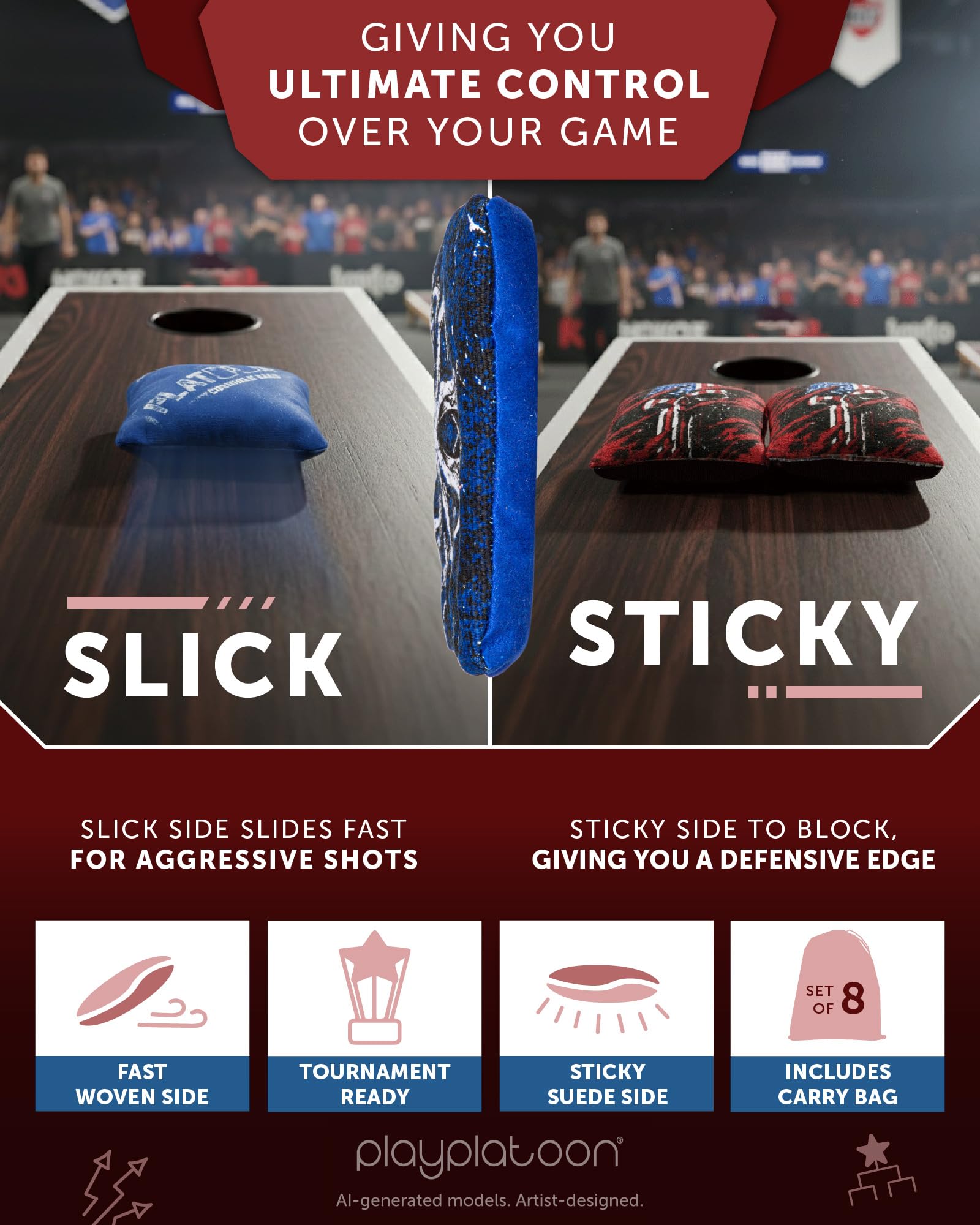 Play Platoon Tournament Series Cornhole - Juego de 8 Bolsas de Cornhole de Estilo Profesional de Doble Cara Lisas y Medias, diseñadas en Estados Unidos, 4 Piratas Grises y 4 krakens Azules diseñados