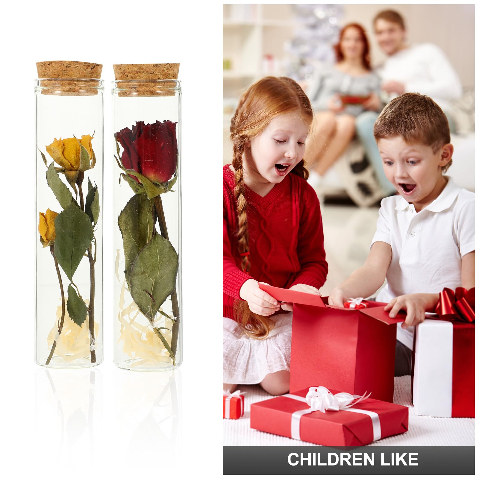 Bottiglie dei Desideri in Vetro Trasparente Tappo di Sughero e Fiori Secchi Rossi e Gialli, Set da 2 per Decorazioni Natalizie e Ufficio