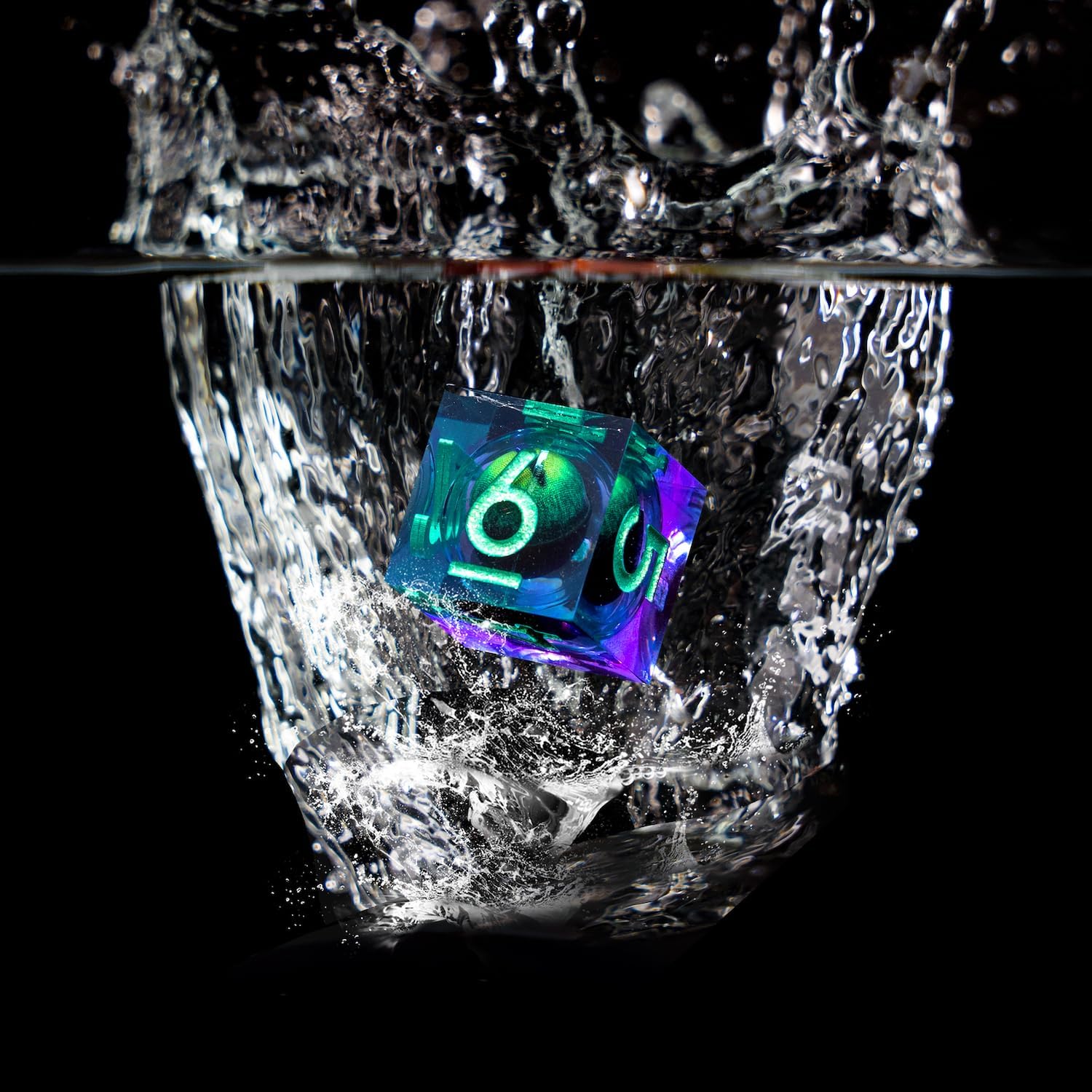 Beholder's Dragon Eye DND Dice Set,Sharp Edge Liquid Core Resin Handmade Cat Eye Dice with Gift Box 7 PCS for Role Playing Dungeons and Dragons Ttrpg(Green Purple Dragon Eye)