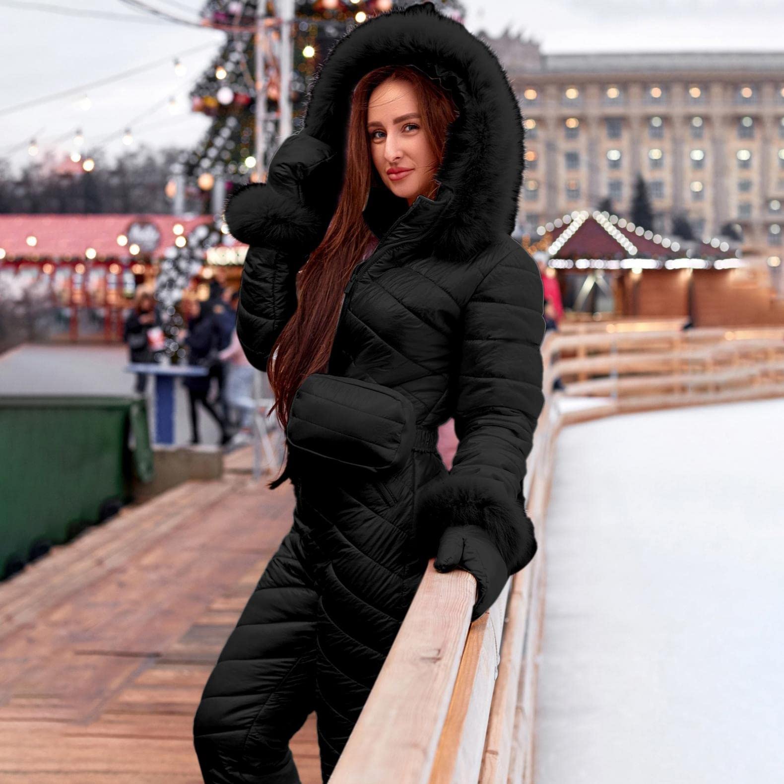 Skianzug Damen Einteiler Wasserdicht Schneeanzug Skifahren Jumpsuit Outdoor Schneeoverall Winter Winddicht Anti-Schnee Overalls Skioverall mit Kapuze Reißverschluss